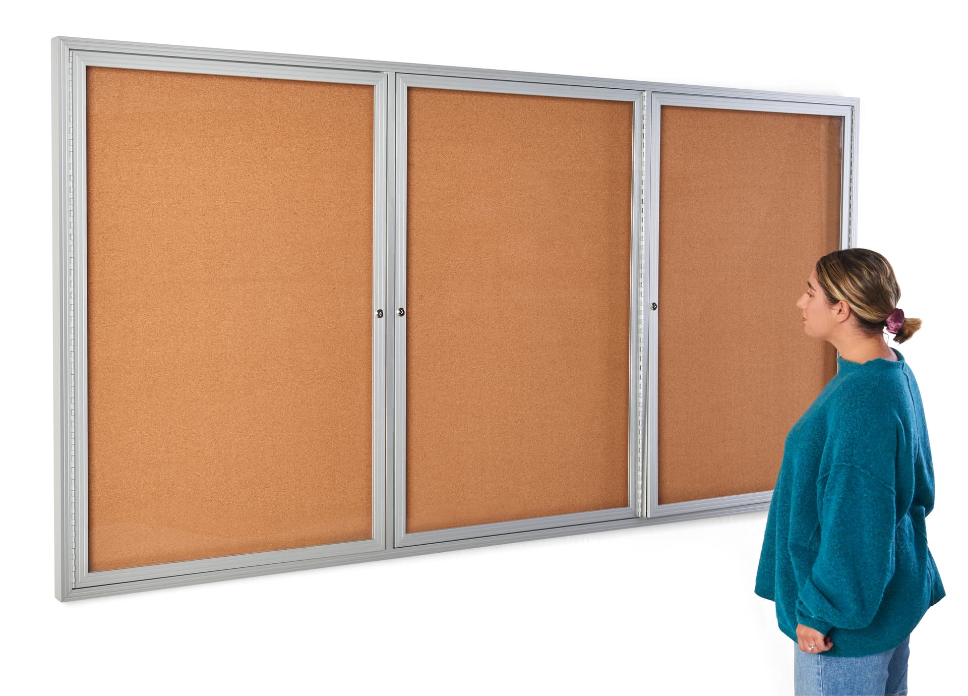 This enclosed 96 x 48 cork board has shatter resistant doors