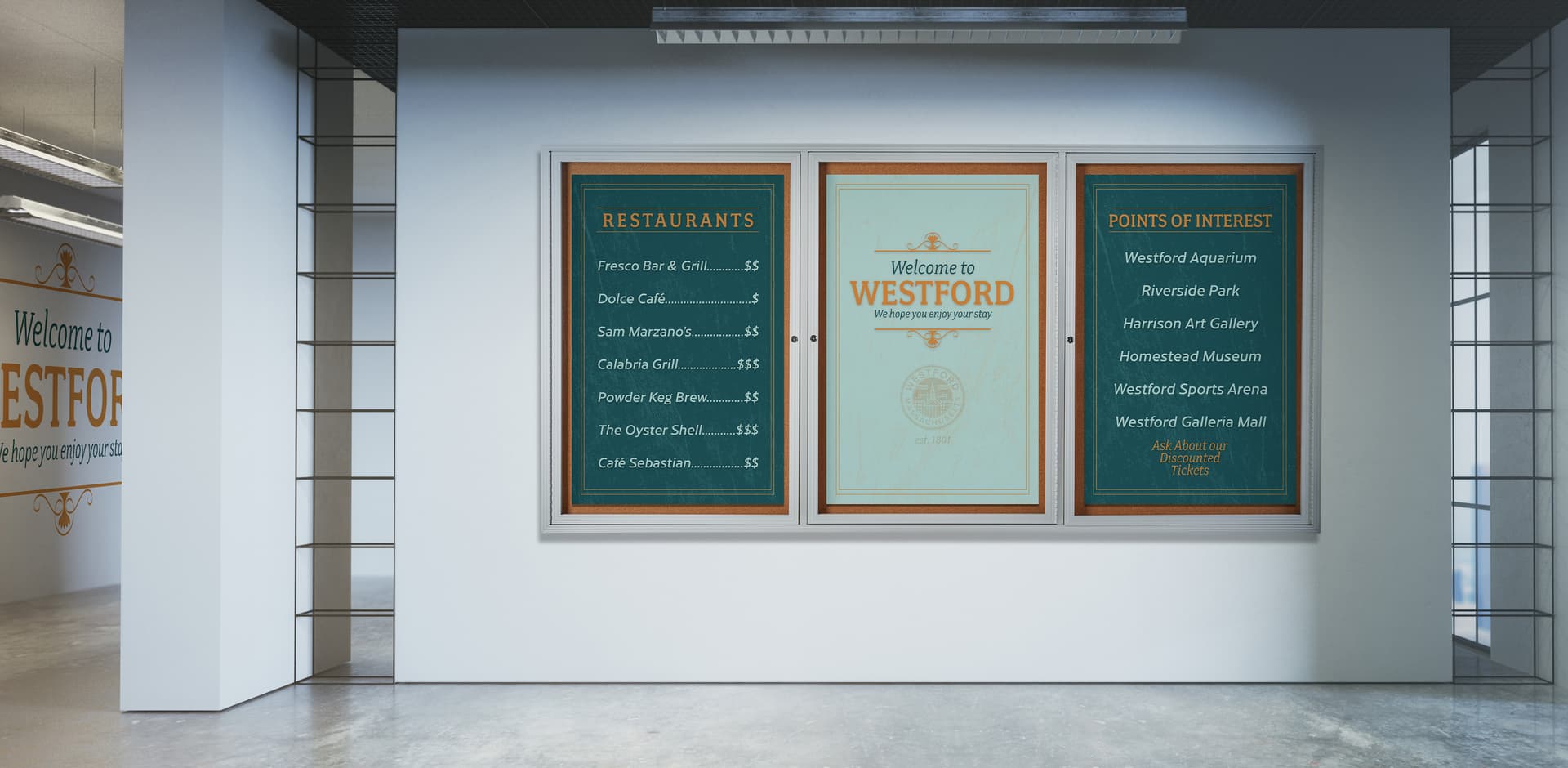 This enclosed 96 x 48 cork board has tackable material 