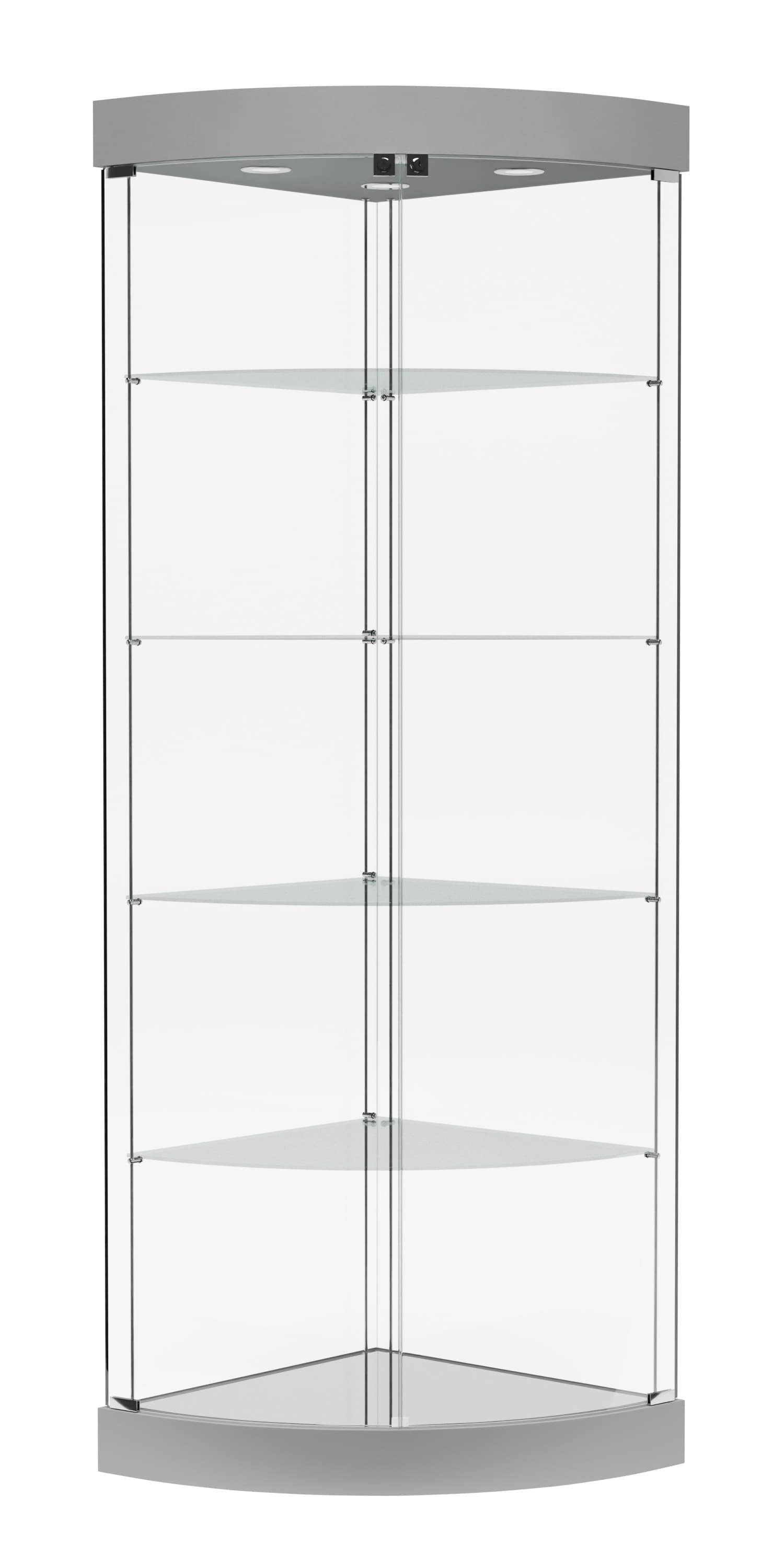 Corner display case with angled design 