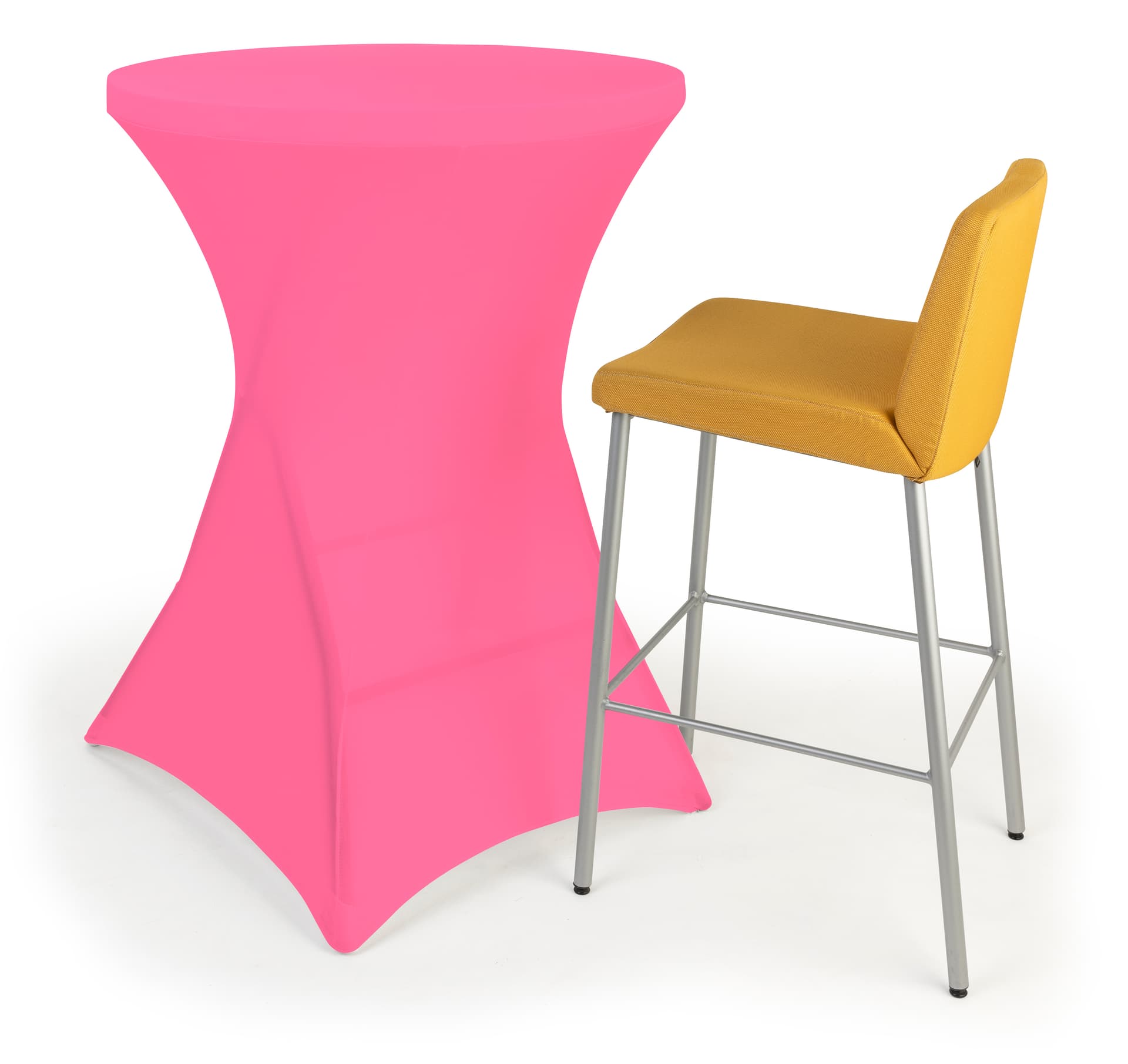 Pink round stretch table cover with overall height of 43 inches