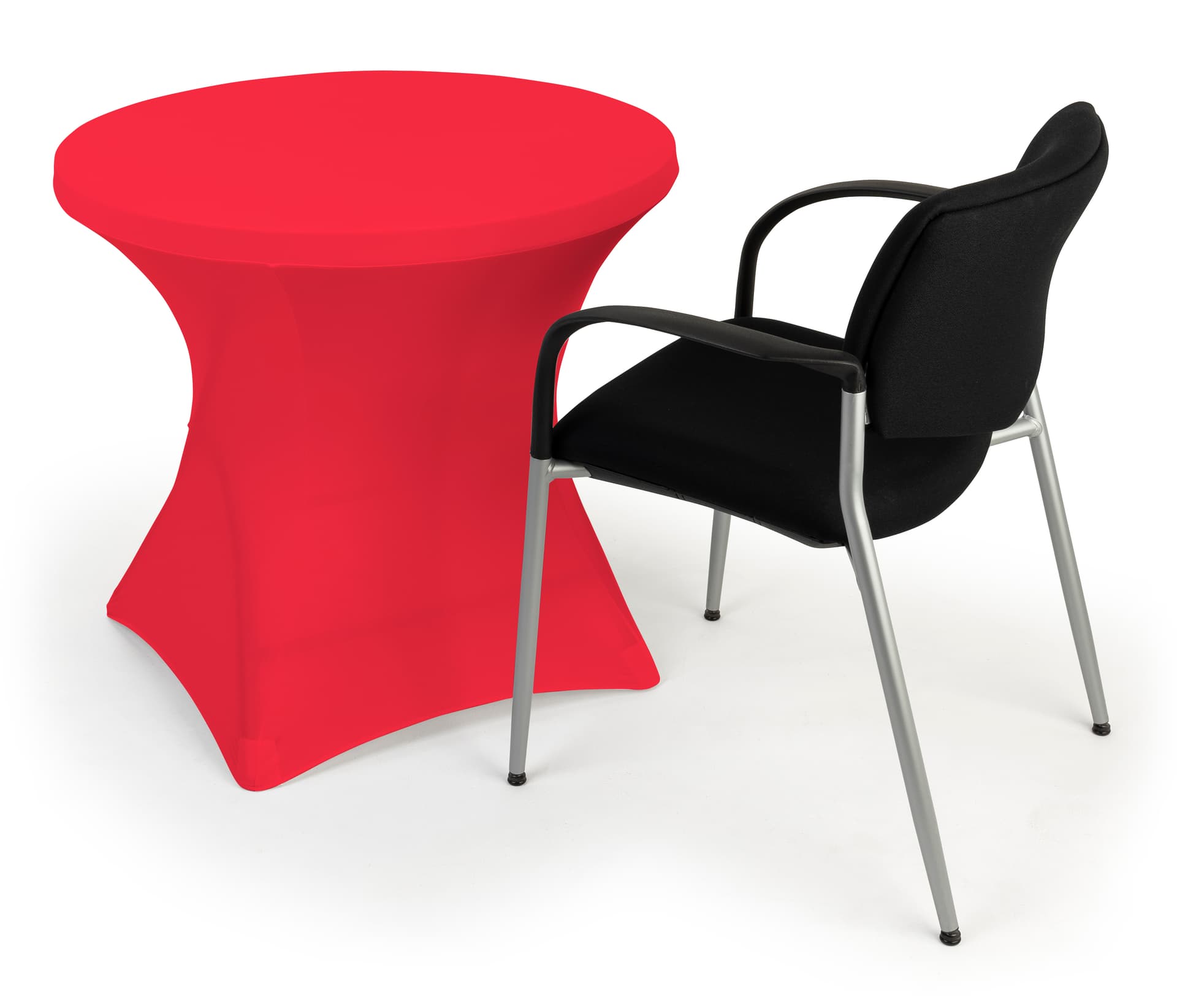 Stretch polyester tablecloths with interior foot pockets