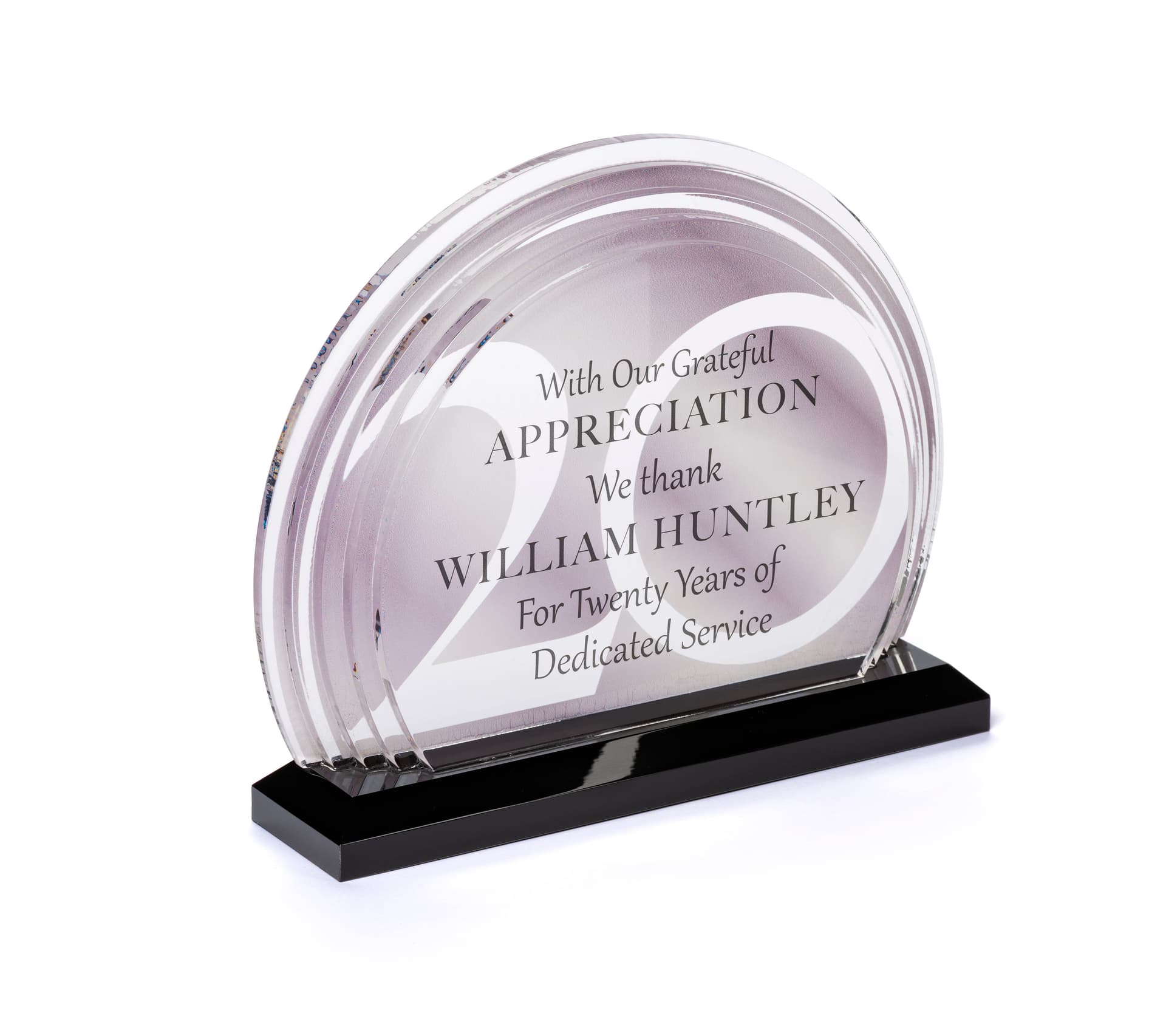 Acrylic half moon business trophy with full color personalized graphics