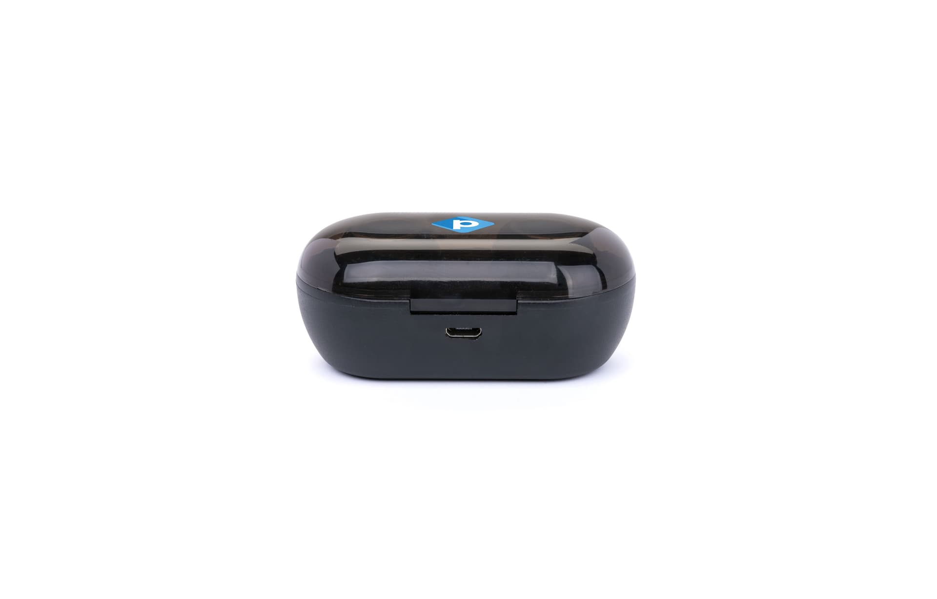 Black promo branded wireless earbuds with charging port