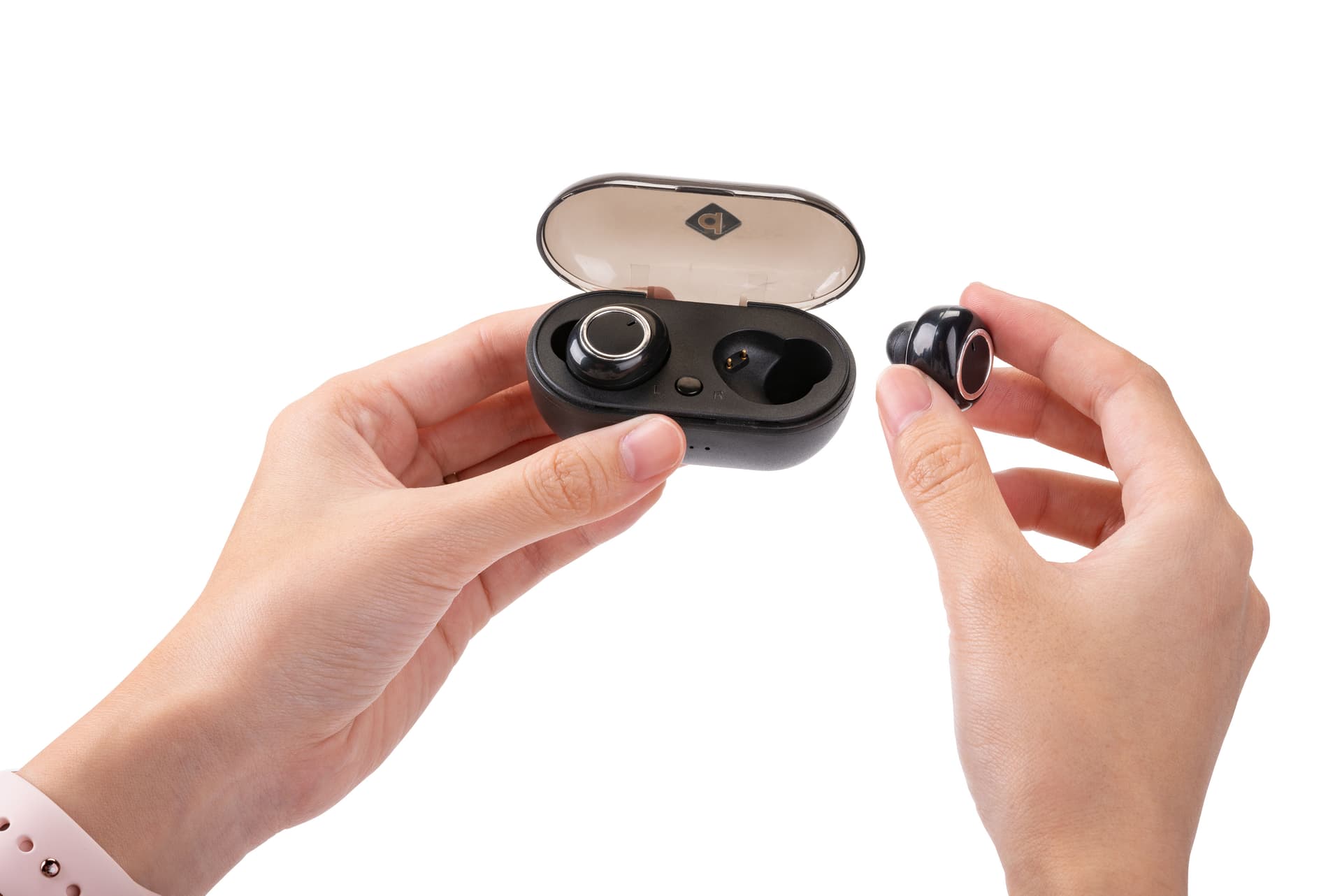 Black promo branded wireless earbuds with magnetic charging case