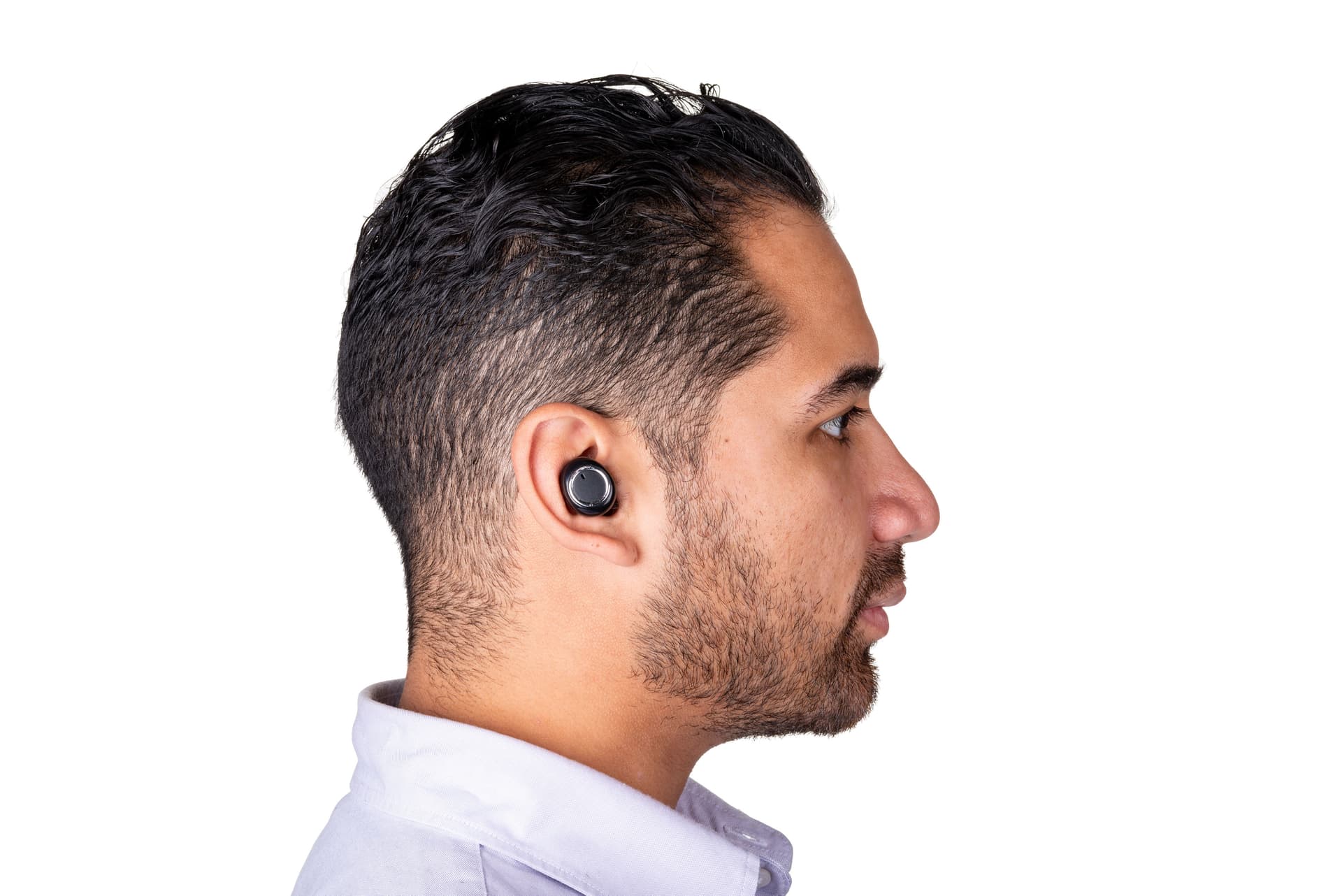 Black promo branded wireless earbuds with 10 meter Bluetooth operating range