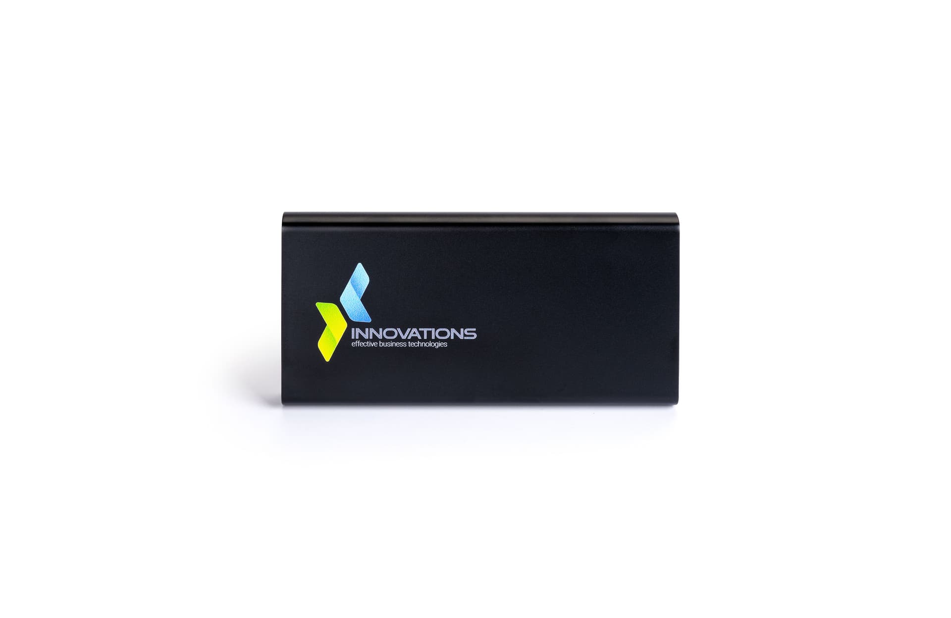Black high capacity logo power bank with custom graphics messaging 