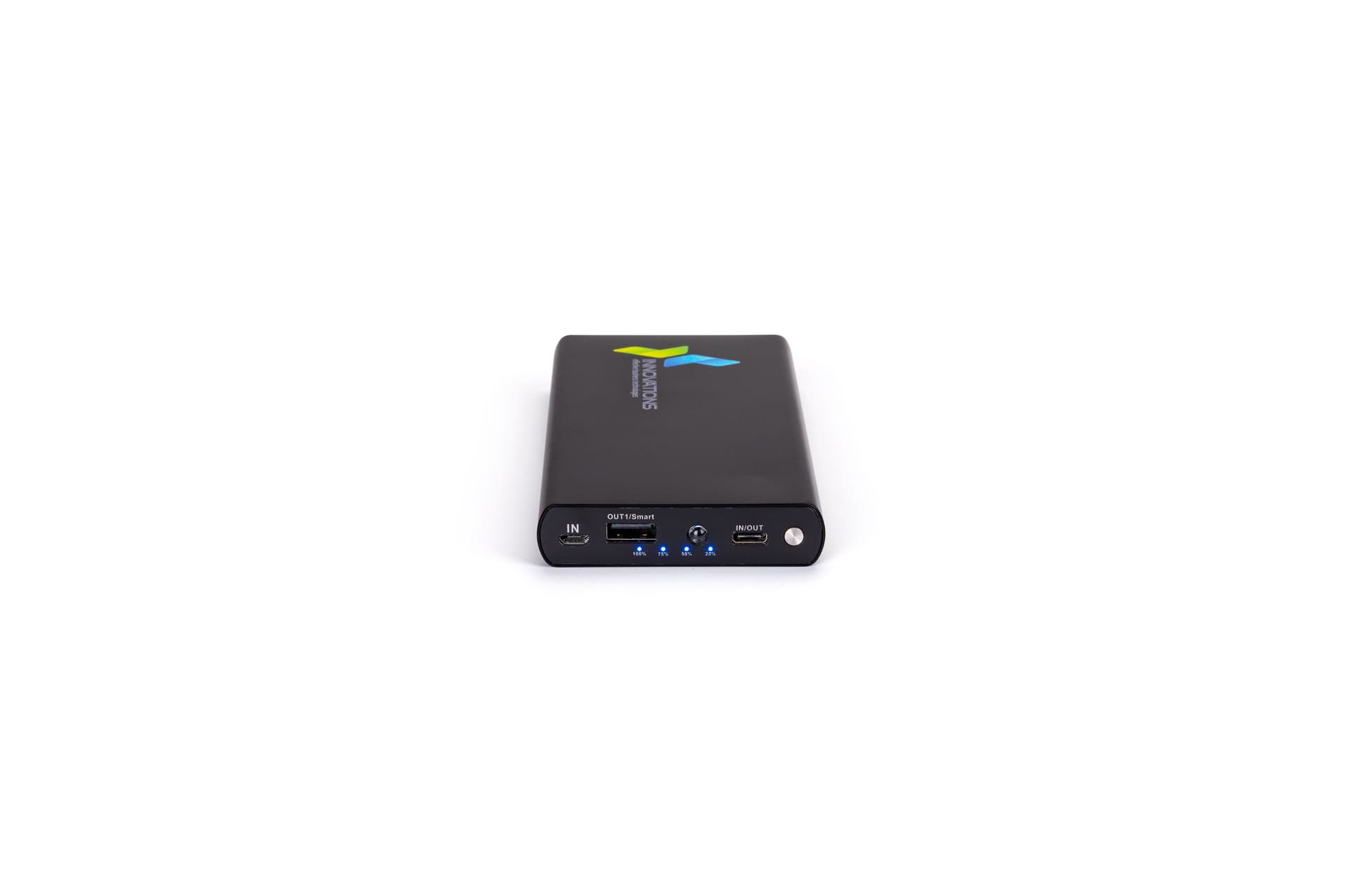 Black high capacity logo power bank with with USB-A, Micro and Type-C Outputs