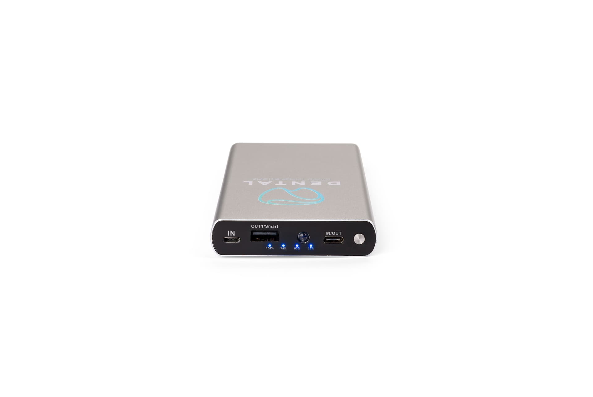 Silver branded power bank with USB-A, Micro and Type-C Outputs