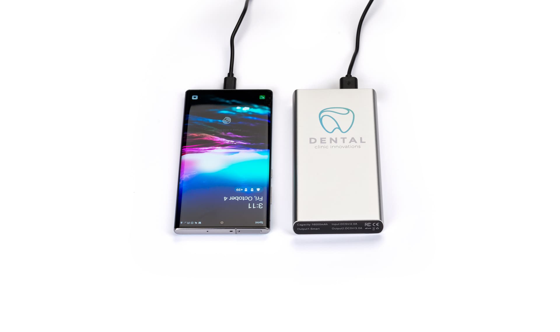Silver branded power bank with 16000 mAh battery capacity