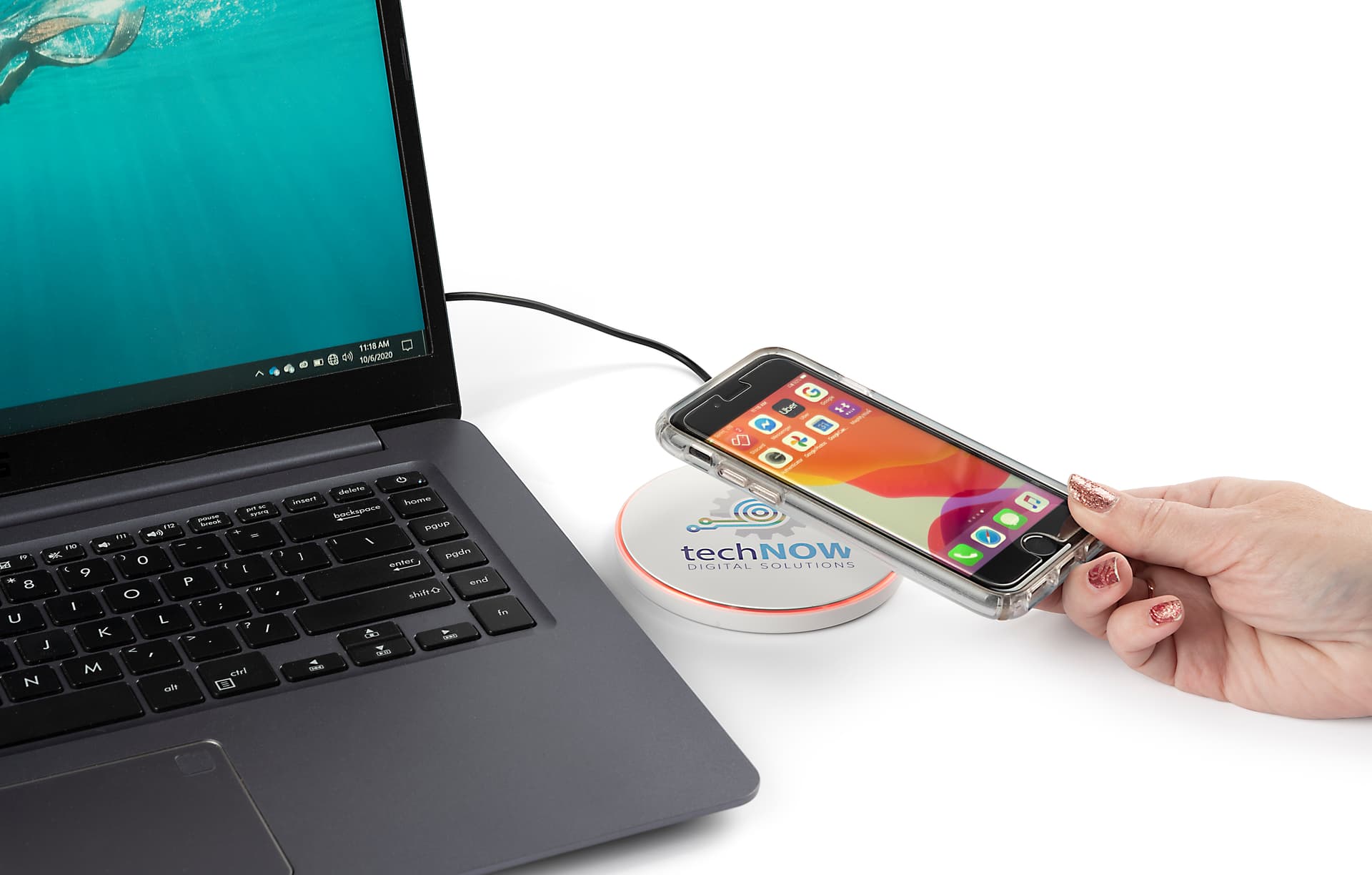 Branded Qi phone charging mat with 4 inch diameter