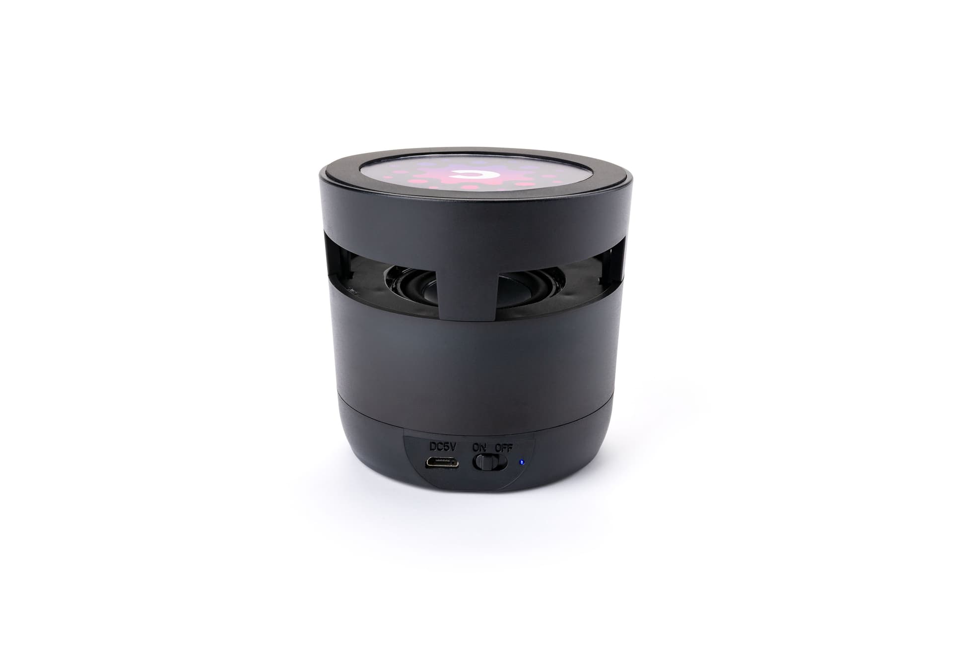 Black wireless charging speaker with DC 5V/1.5A input voltage