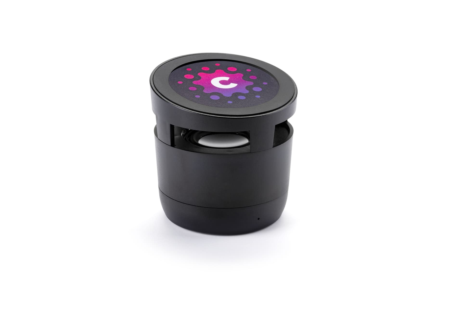 Black wireless charging speaker with free custom logo printing