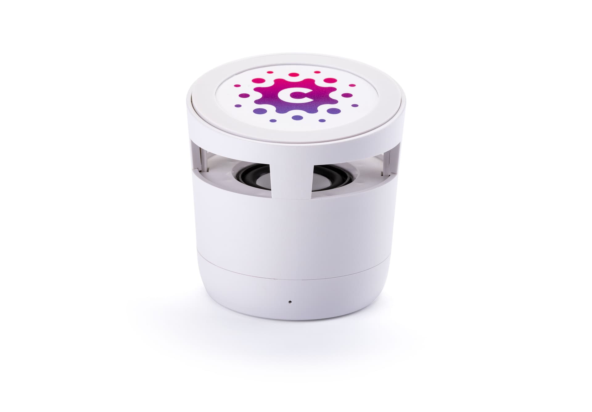 White promotional wireless charger with Bluetooth speaker and 5V/900mah power output