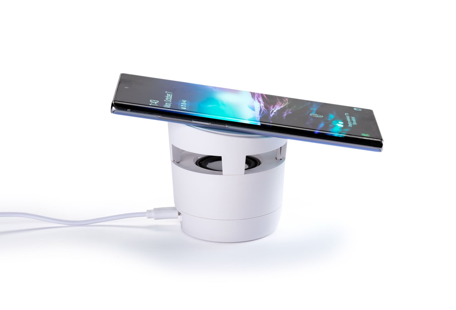 White promotional wireless charger with Bluetooth speaker and non slip platform