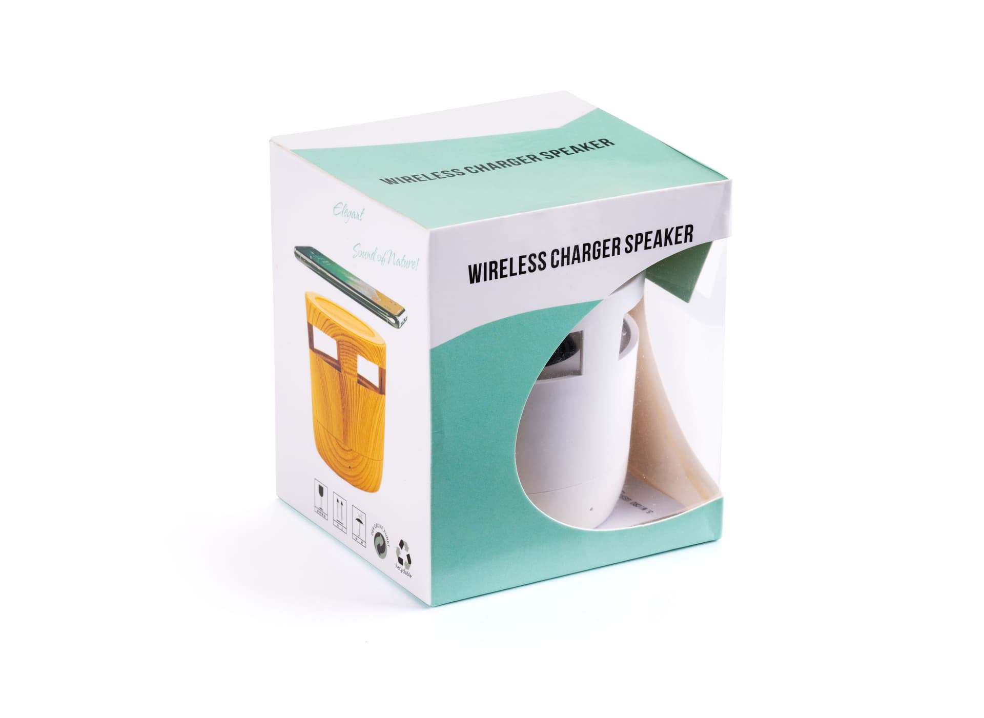 White promotional wireless charger with Bluetooth speaker and gift box