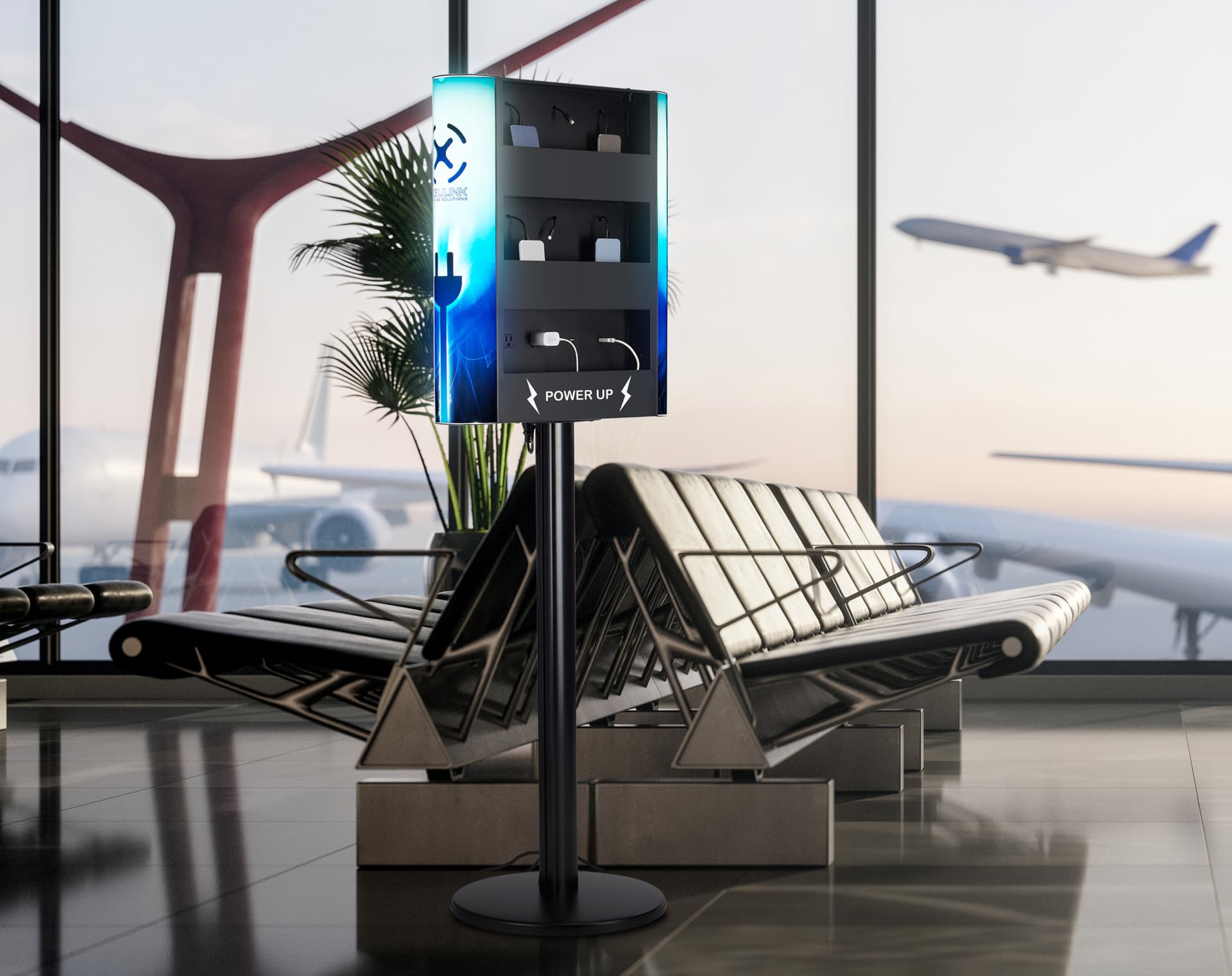 Cell phone charging station shown with custom graphic in airport terminal