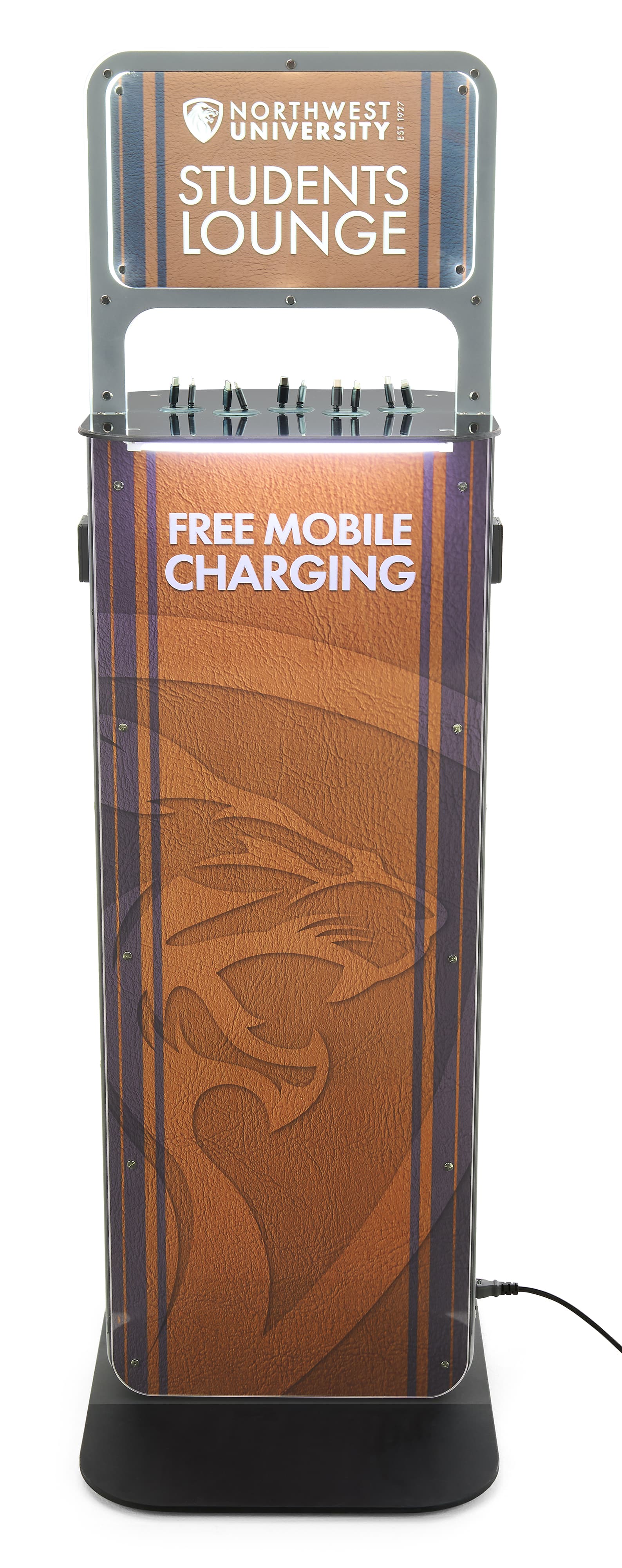 Phone charging station kiosk with custom graphics  and universal outlets