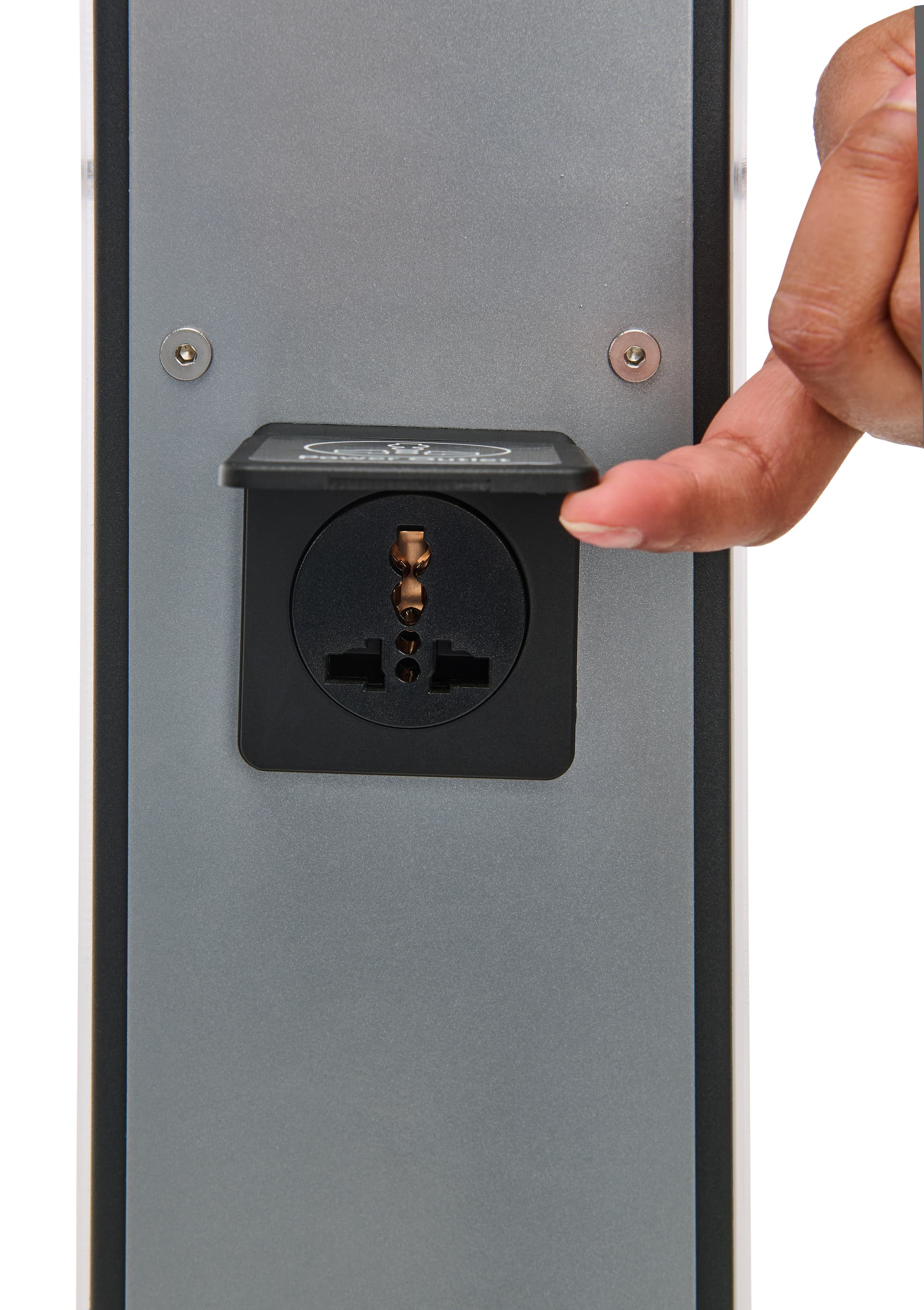 Phone charging station kiosk with custom graphics and covered outlets