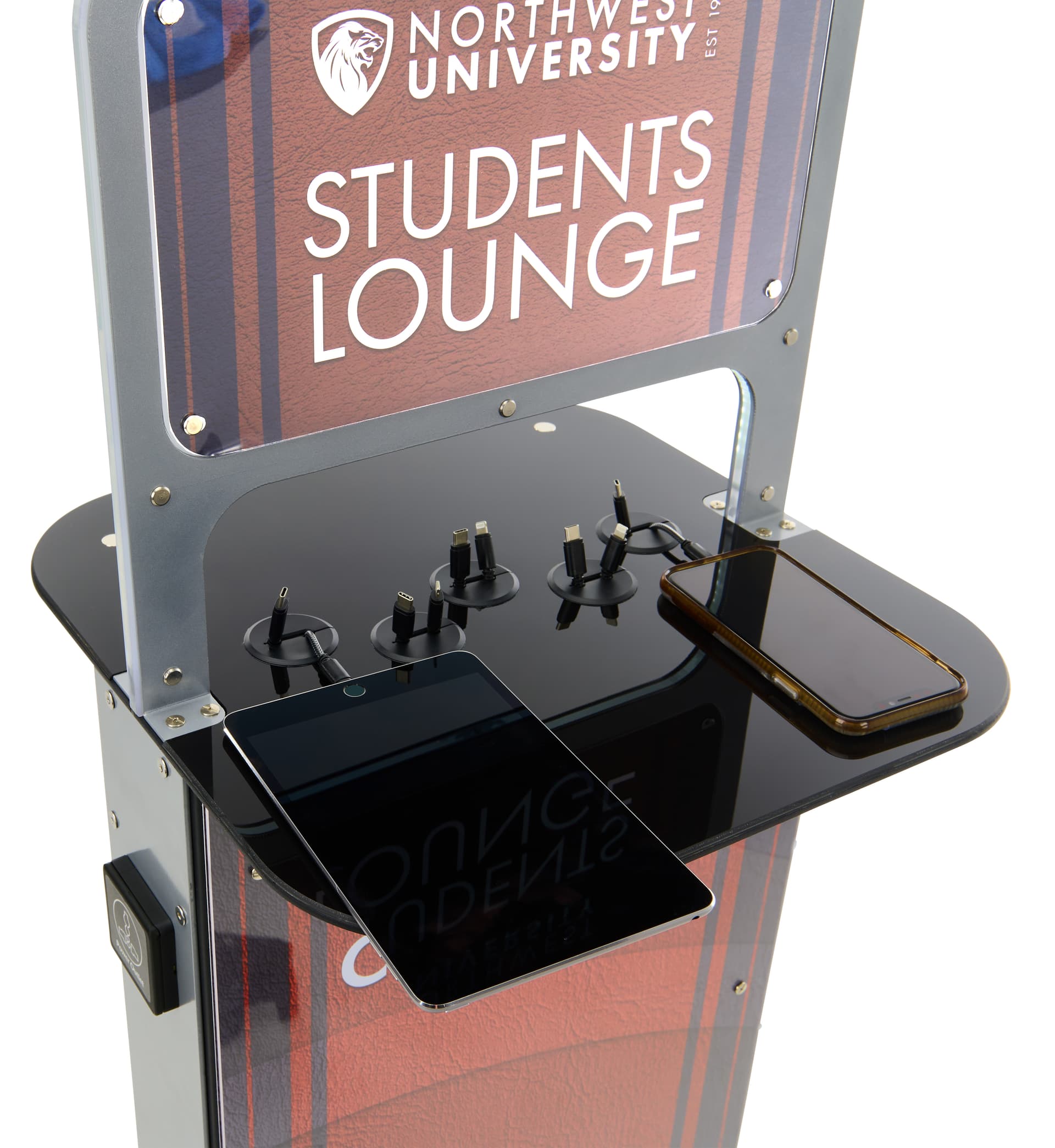 Phone charging station kiosk with custom graphics charges tablets and phones
