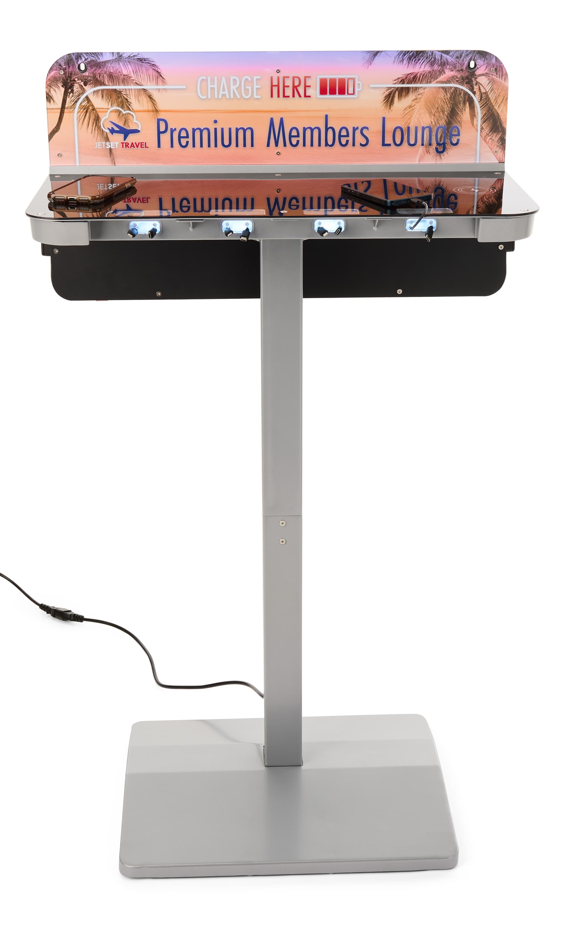 Charging station table with custom printed graphics