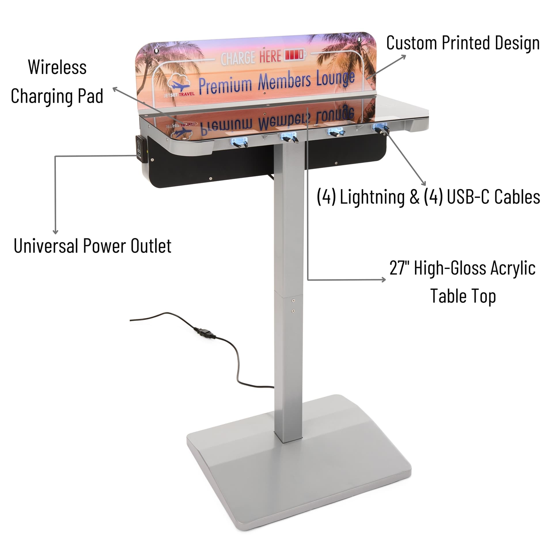 Charging station table with wall mount and floor stand option