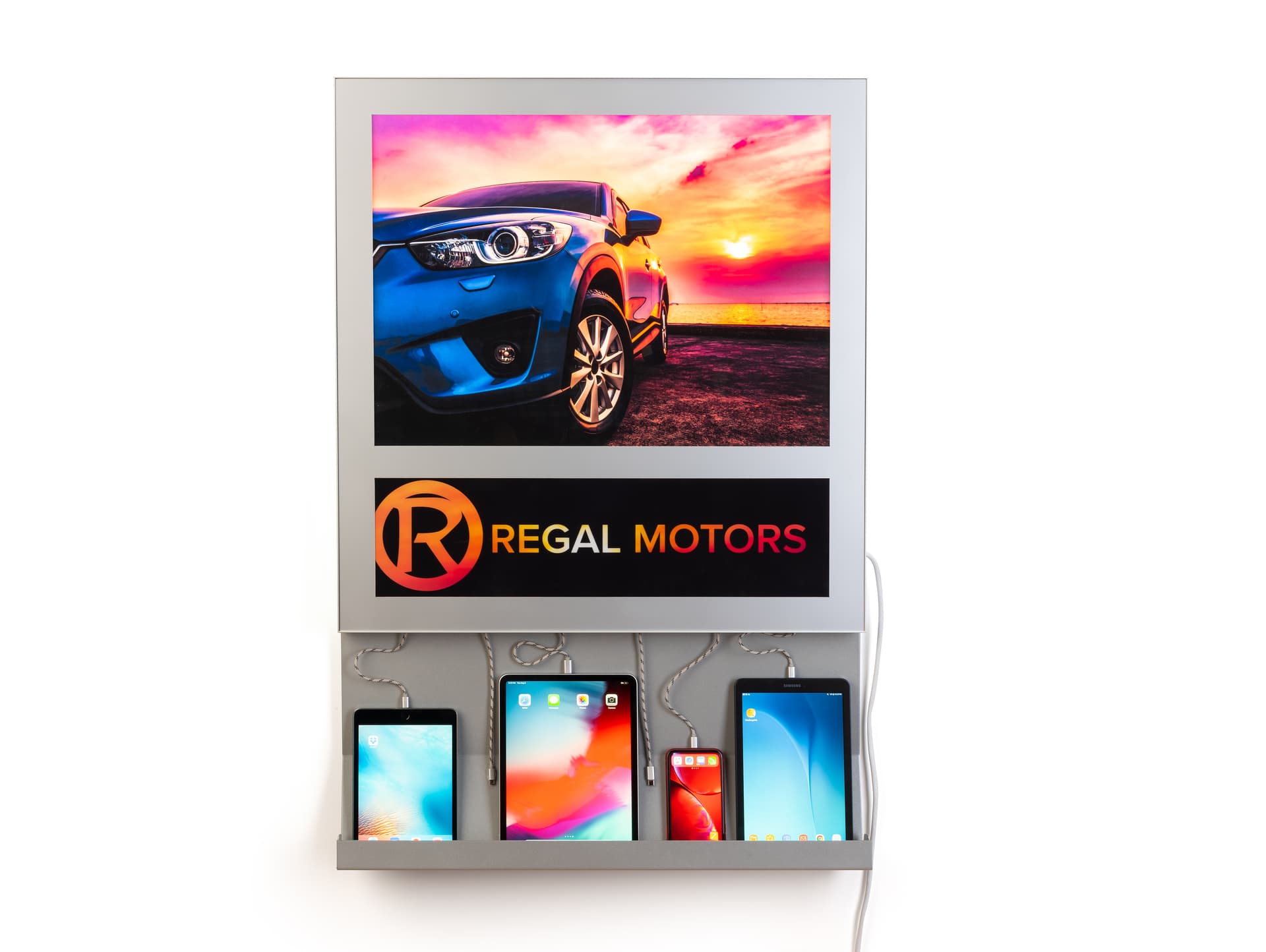 Steel framed wall mount light box charging station 