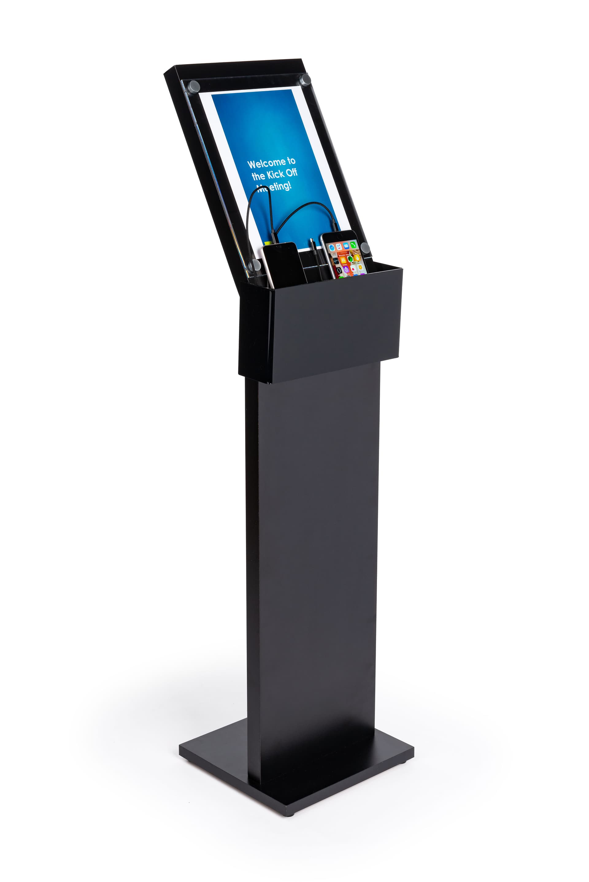 black mobile charging station with floor sign holder for waiting room