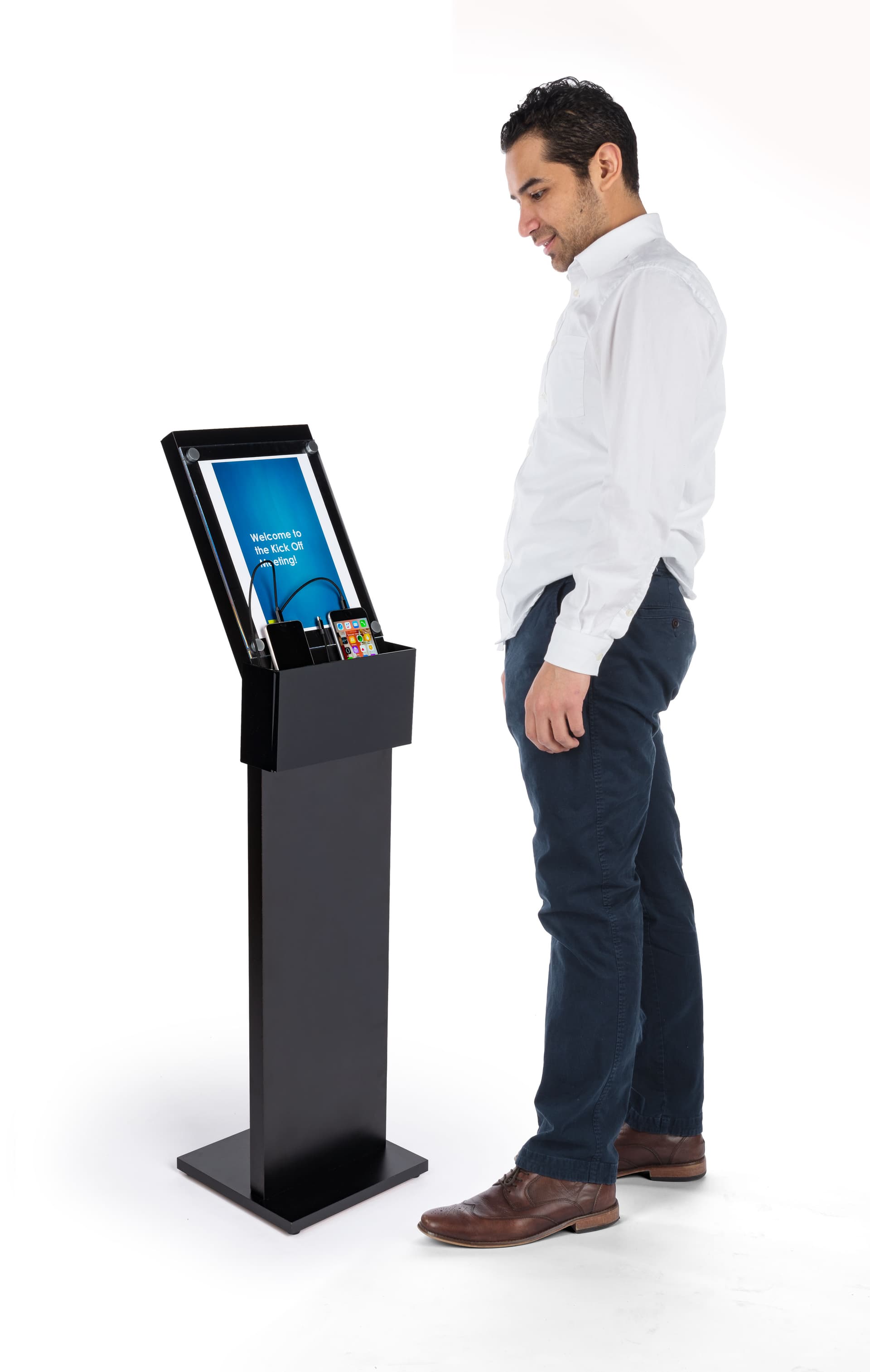 black mobile charging station with floor sign holder with Apple lighting charging