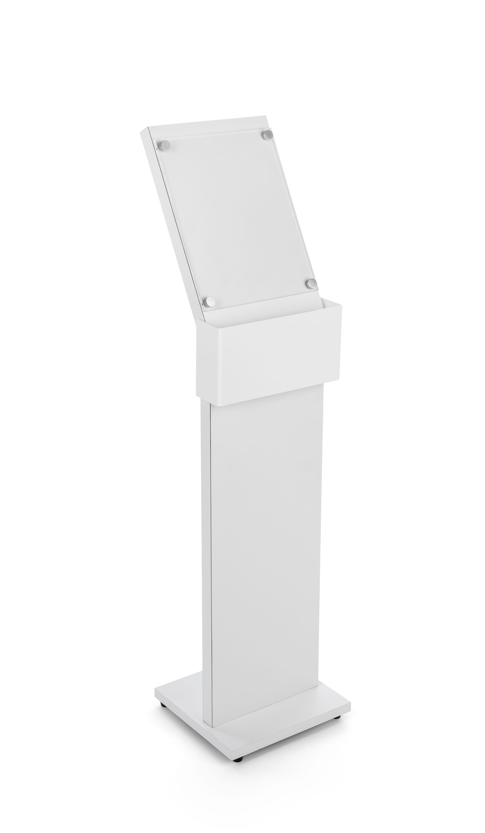 white cell phone charging station with sign and acrylic phone pocket 