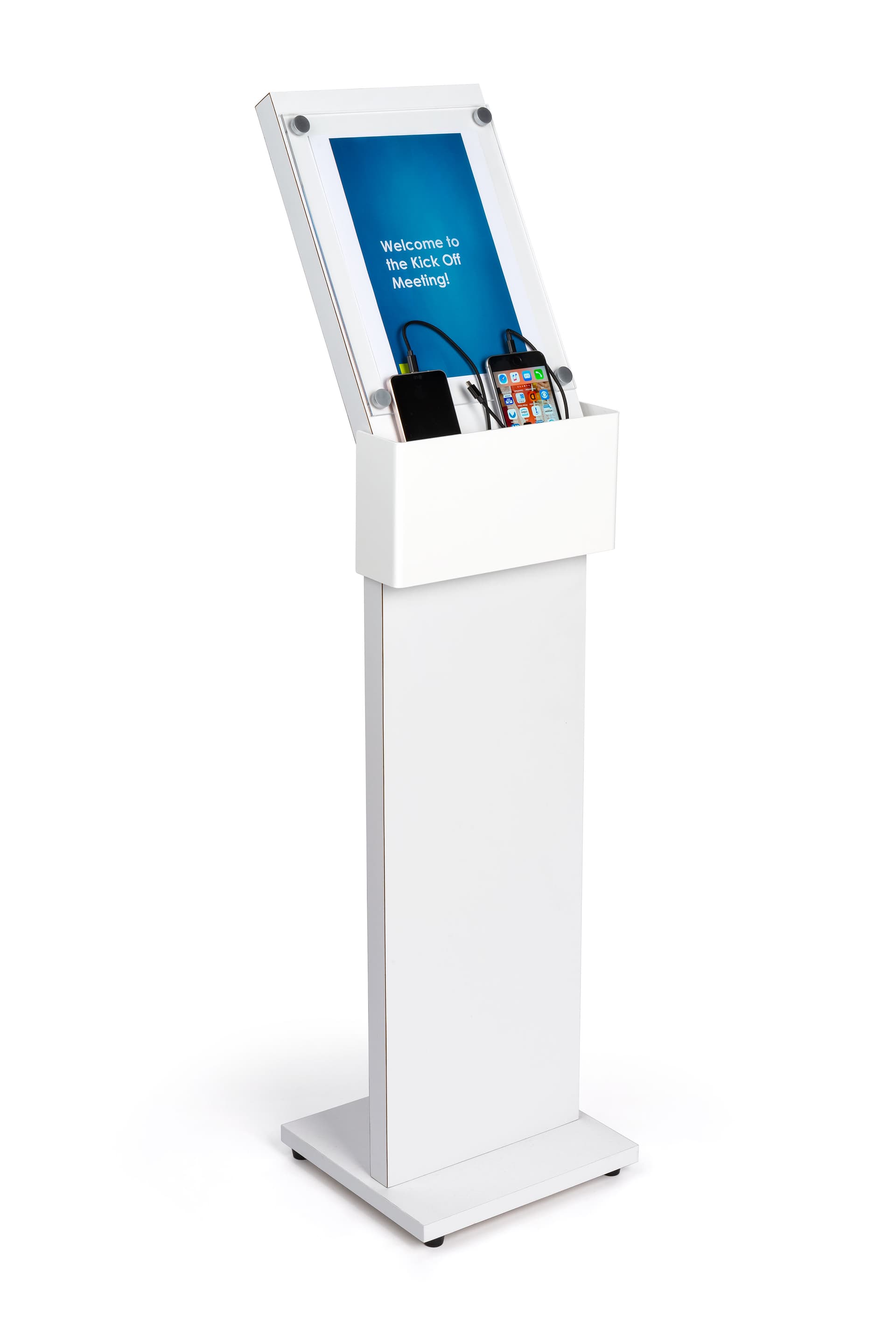 white cell phone charging station with sign for lobby