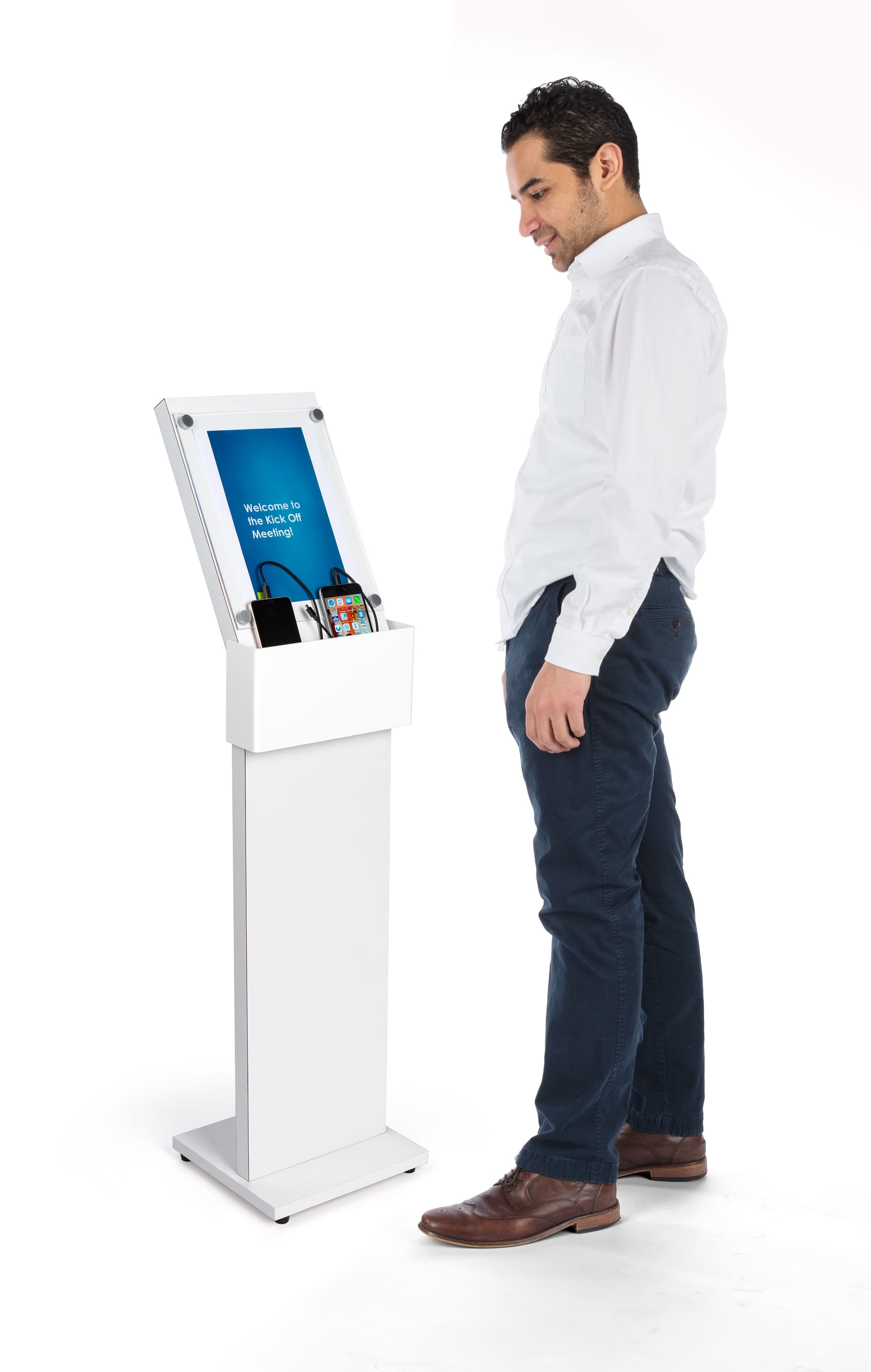 white cell phone charging station with sign with type-c charger