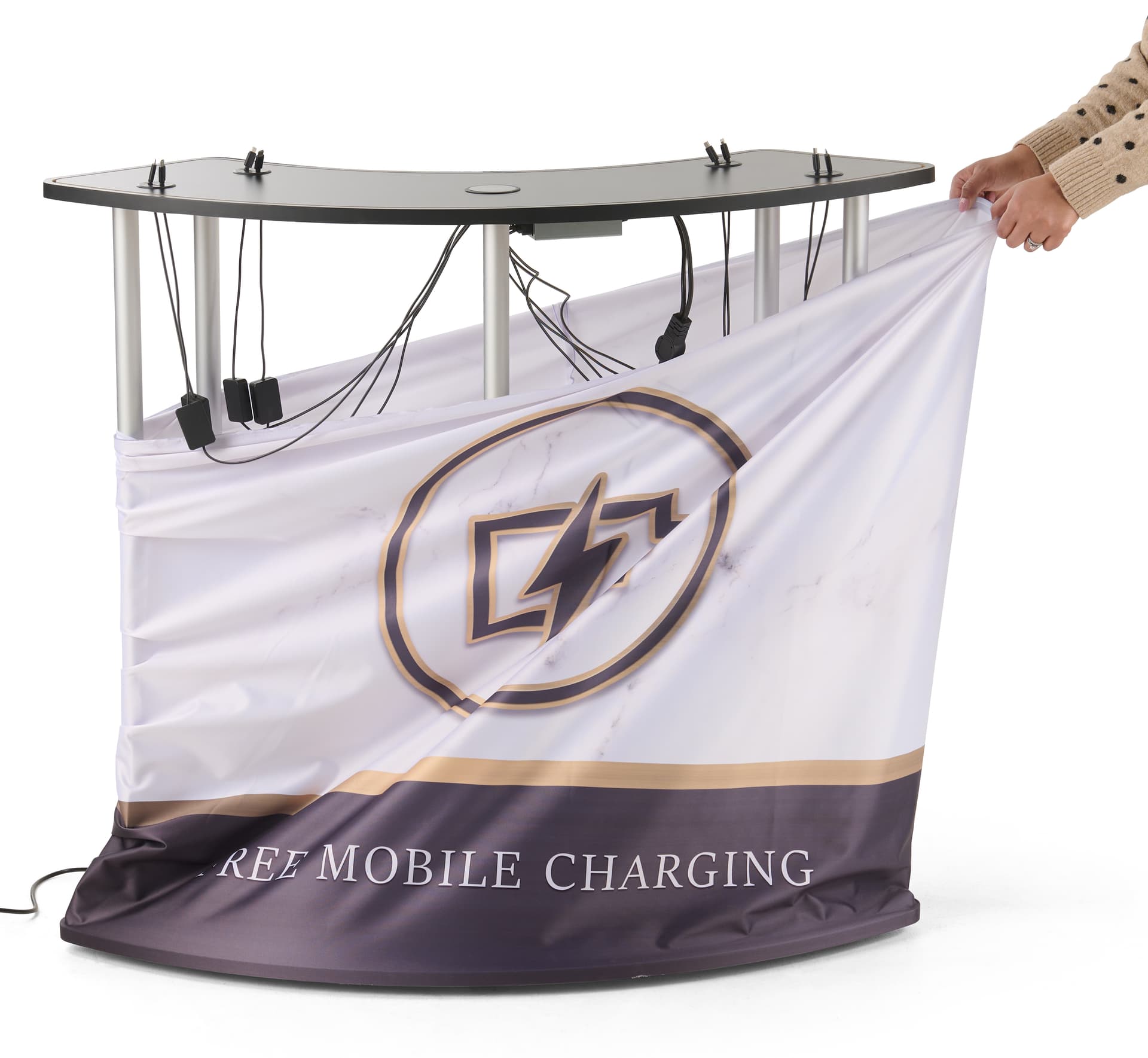 Trade show charging station can be setup fast and the graphic can be quickly put and removed