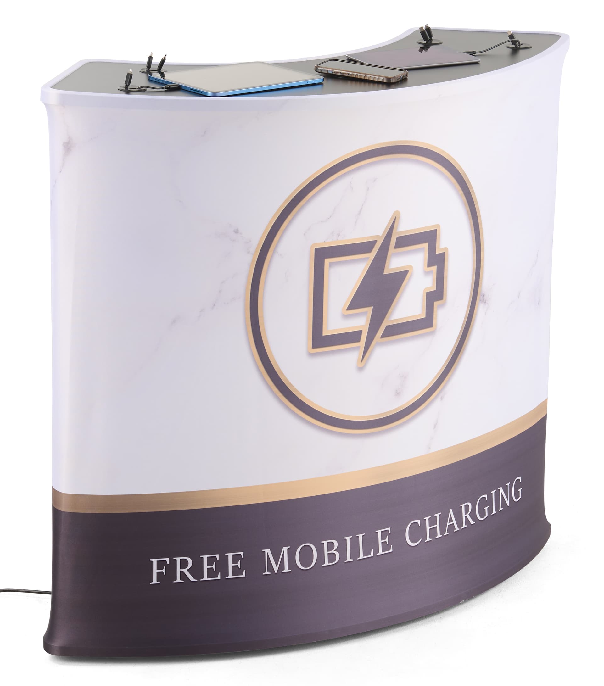 Trade show charging station with 8 charging cables and custom printed graphic