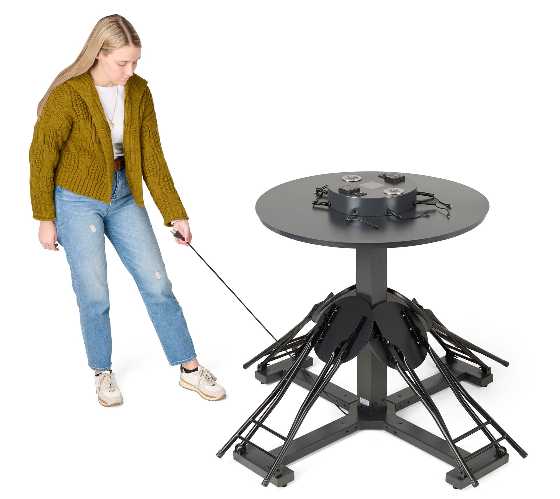 Charing table with chairs with a retracting power cable
