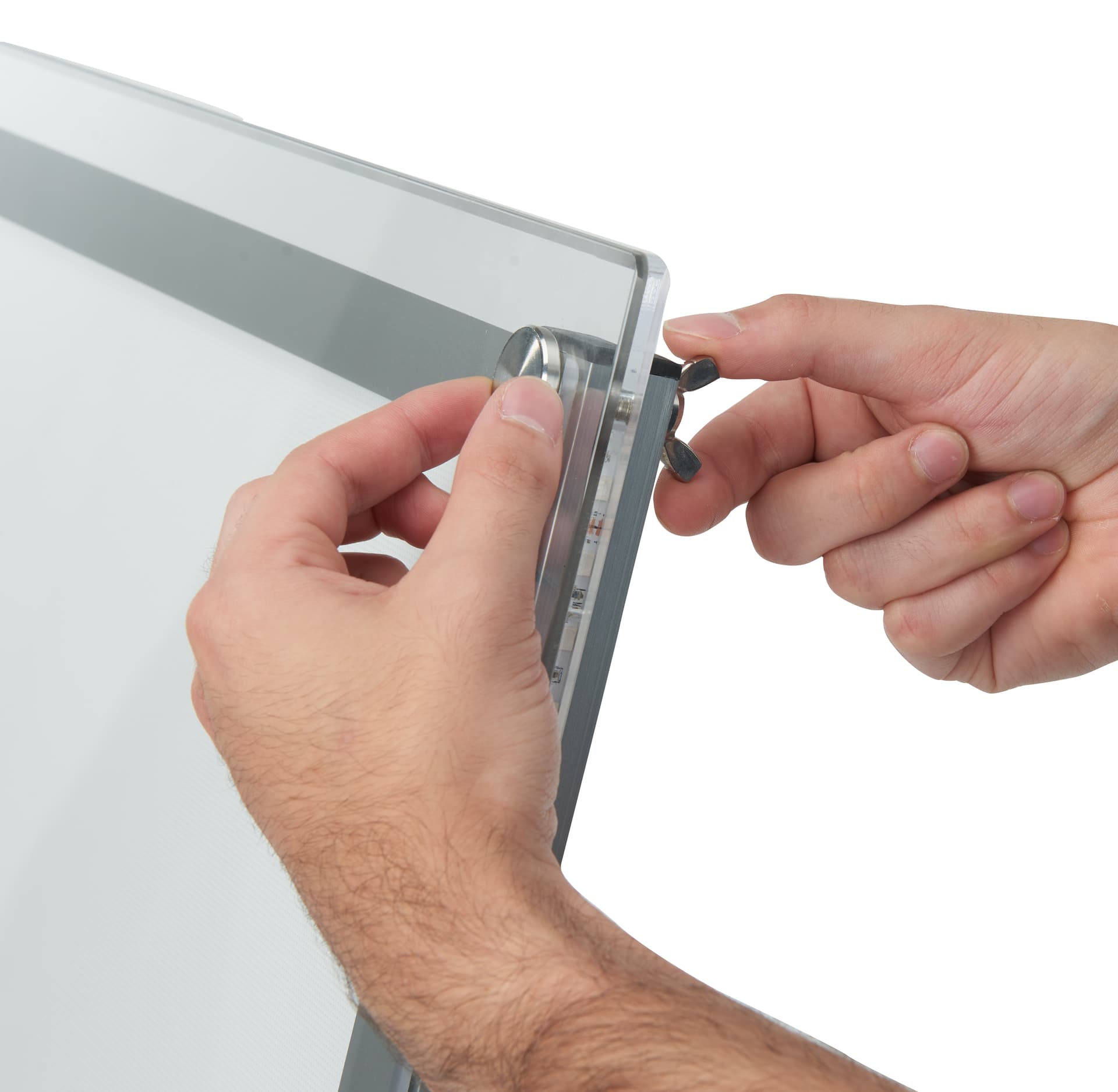 LED sandwich board with 4 sided access screws for media changing 