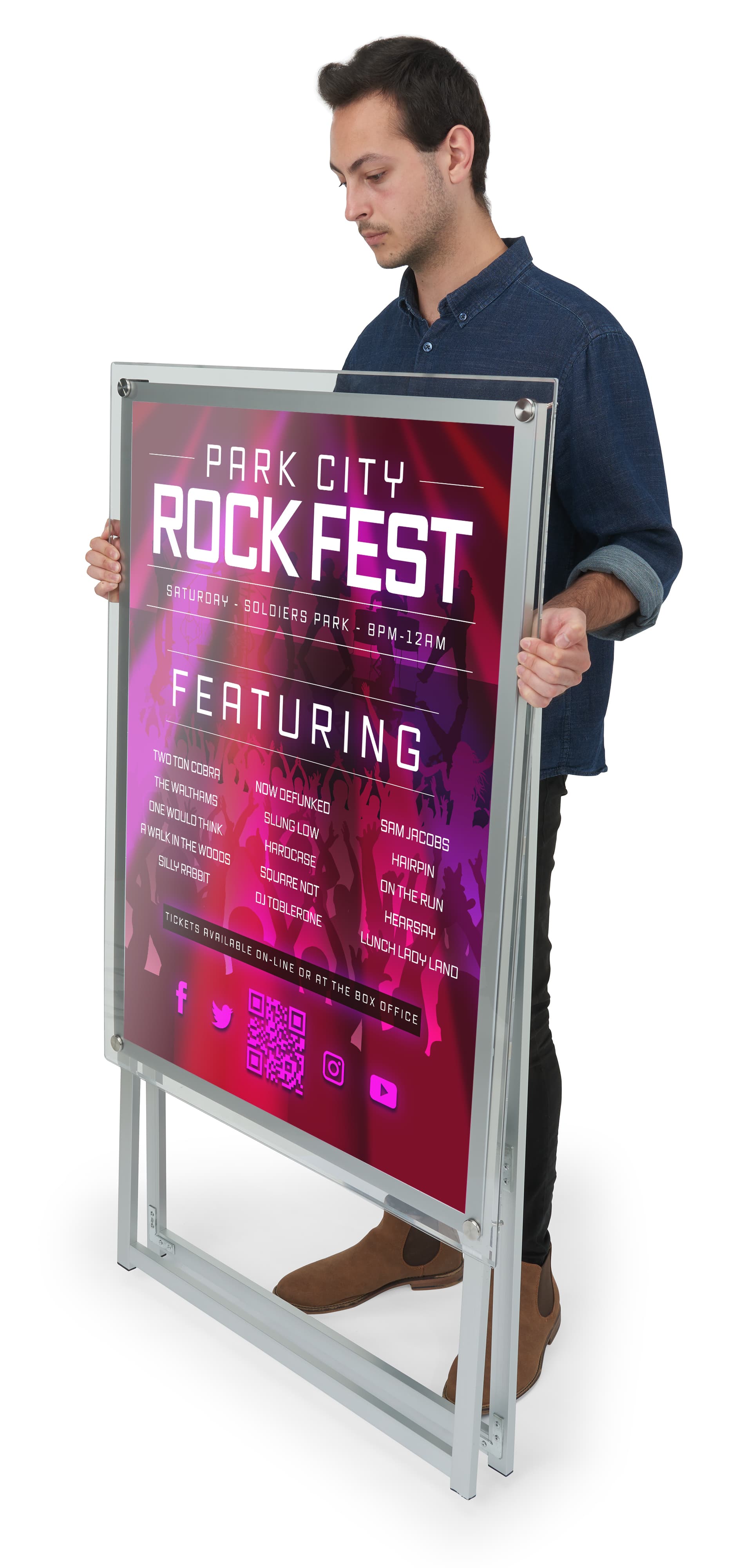 LED sandwich board with folding flat pack design for easy storage