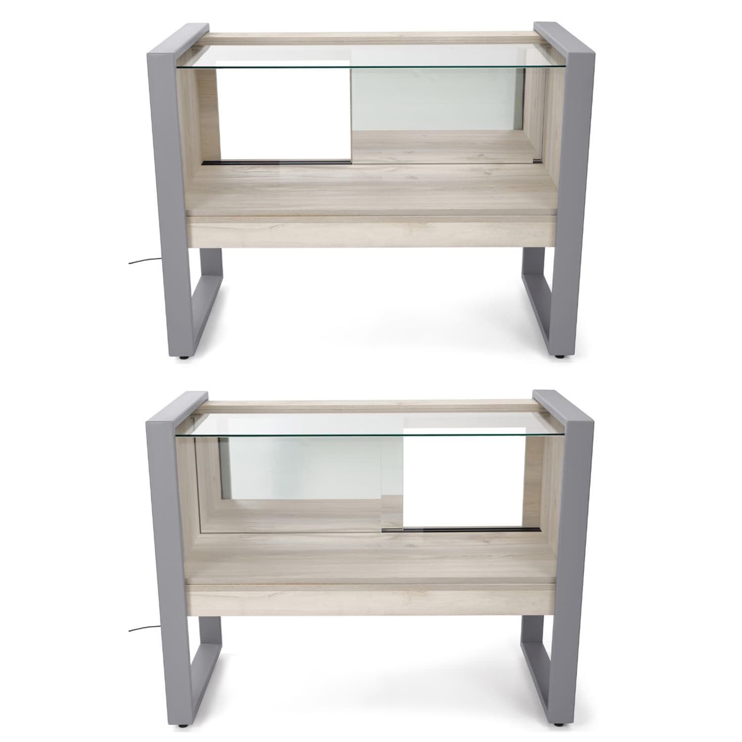Glass display counter with a gray finish