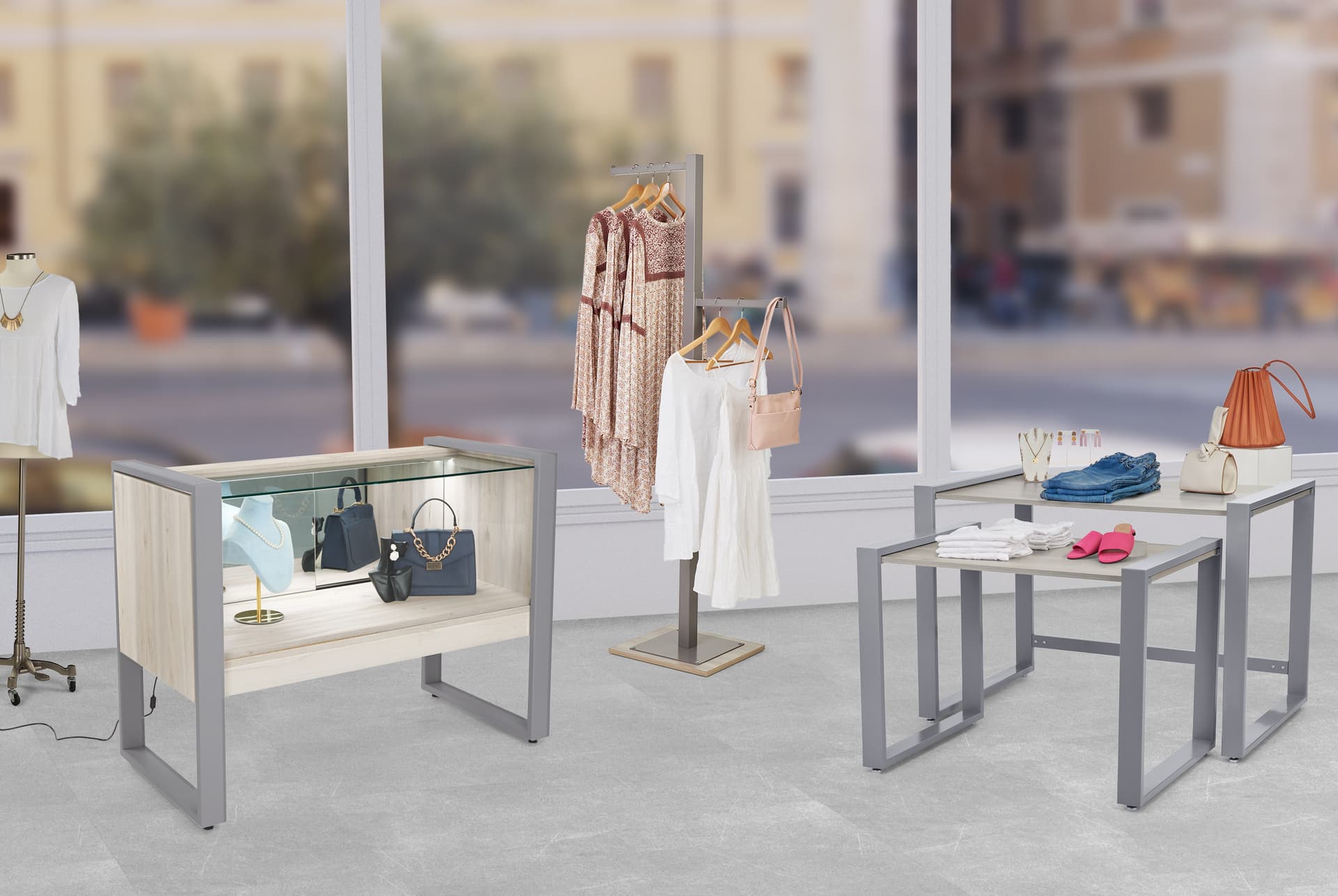 Glass display counter with sliding doors
