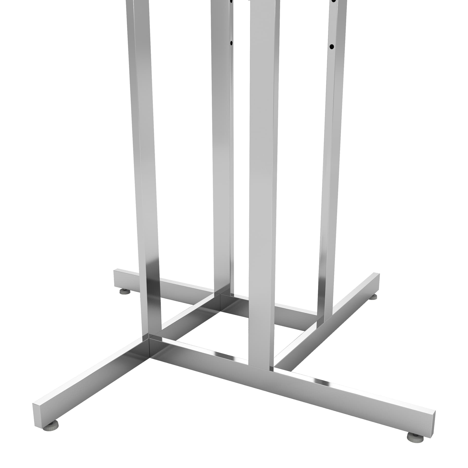 4 way clothing rack showcasing the base of the unit with leveling feet
