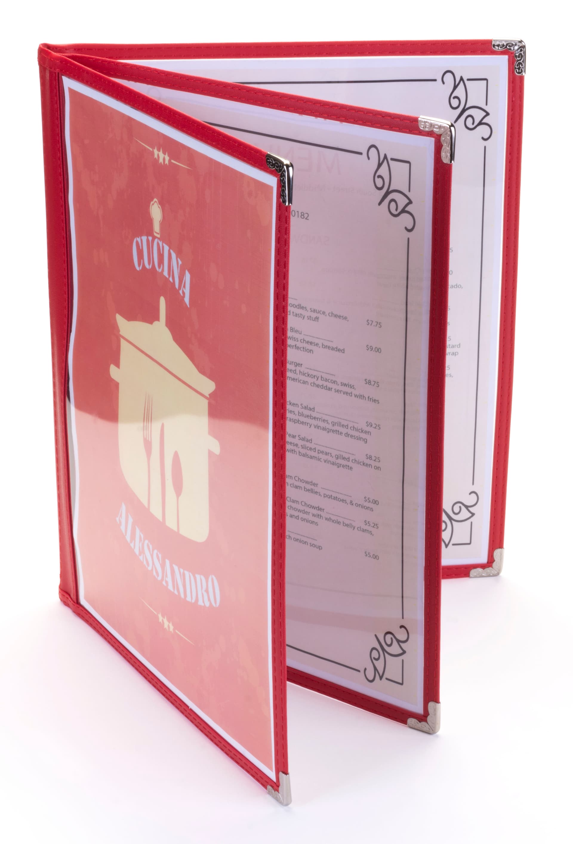 Red 8.5” x 11” (3) Page Restaurant Menu Covers with Clear Panels 