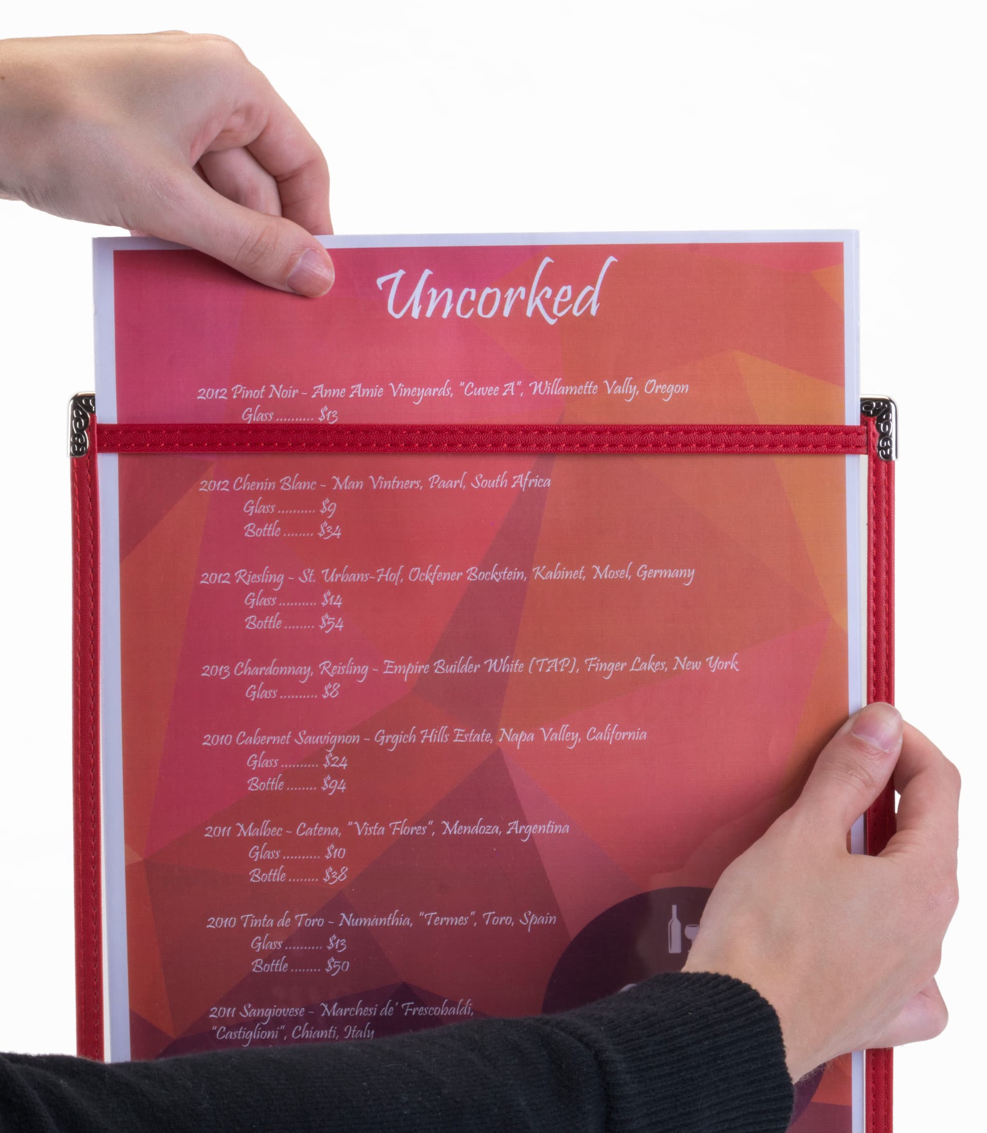 Red 8.5” x 11” Single Panel Wine List Cover with 2 Views