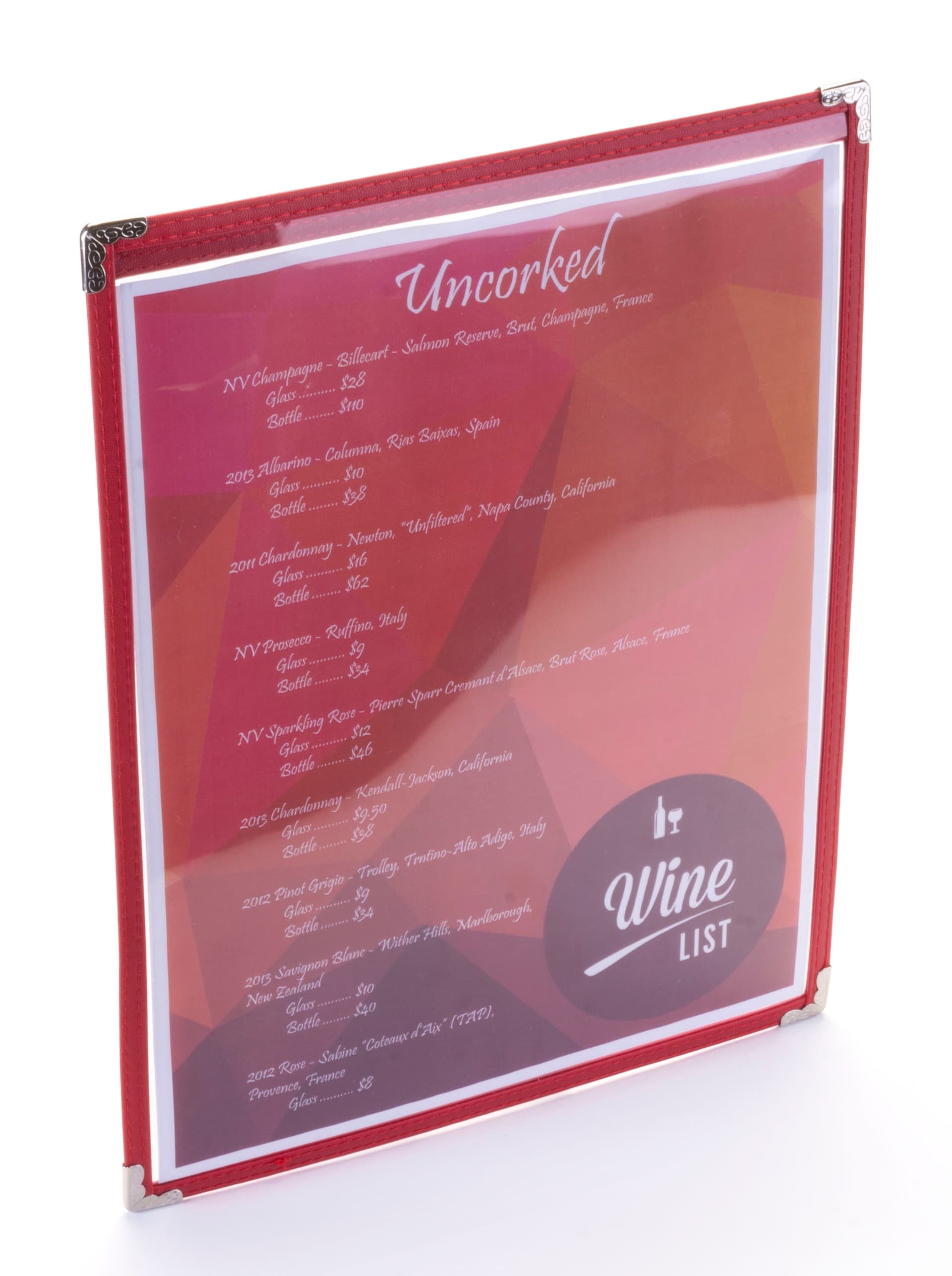 Red 8.5” x 11” Single Panel Wine List Cover Clear Protector