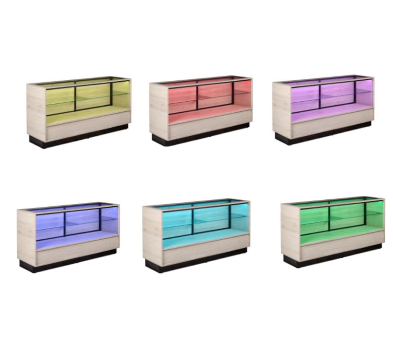 Wooden display showcase with color changing LED lights