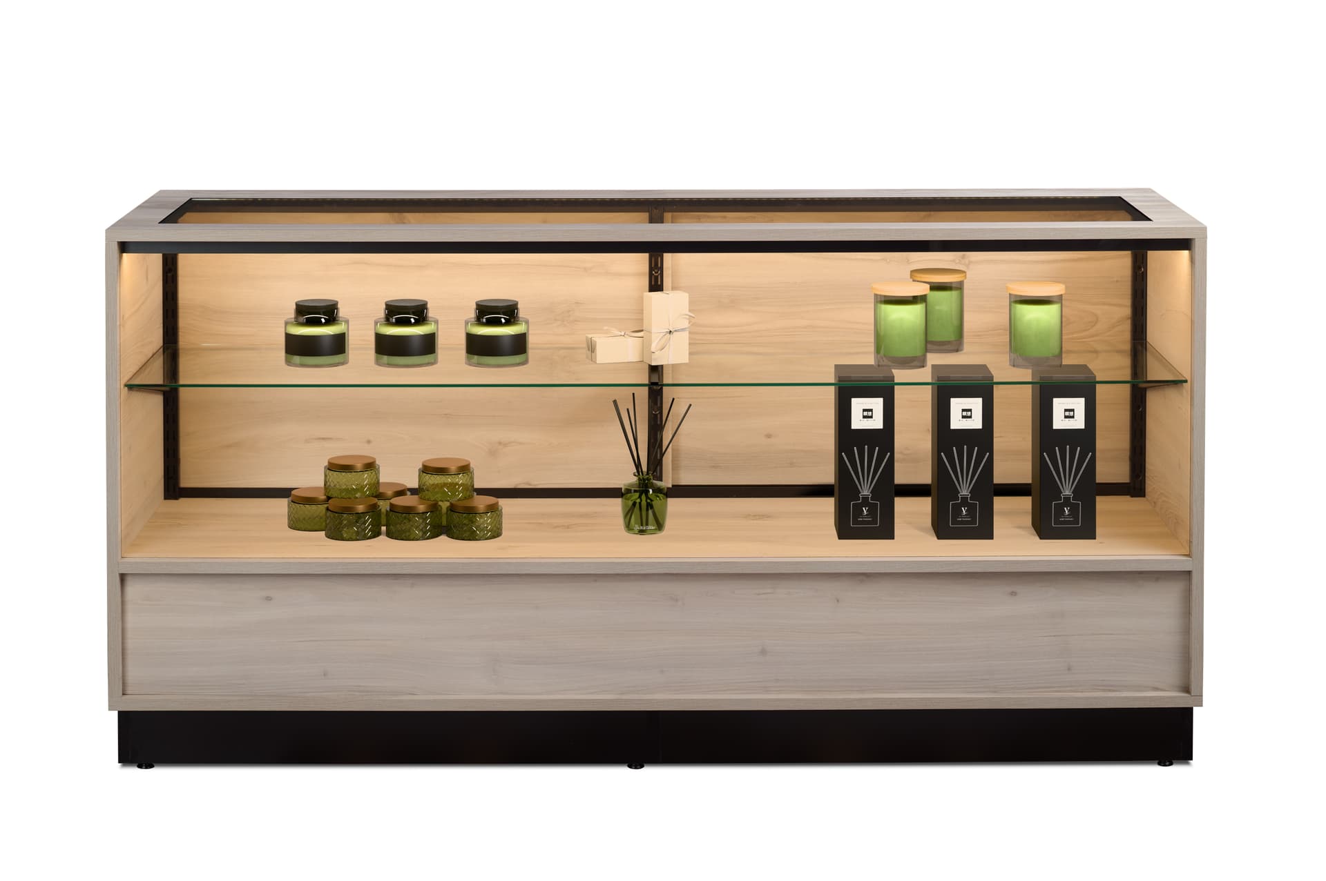 Wooden display showcase with leveling feet