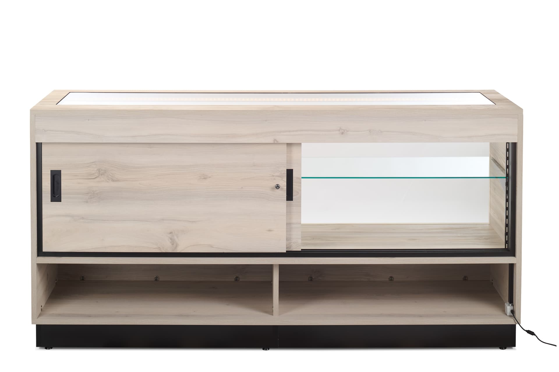 Wooden display showcase with open storage compartments
