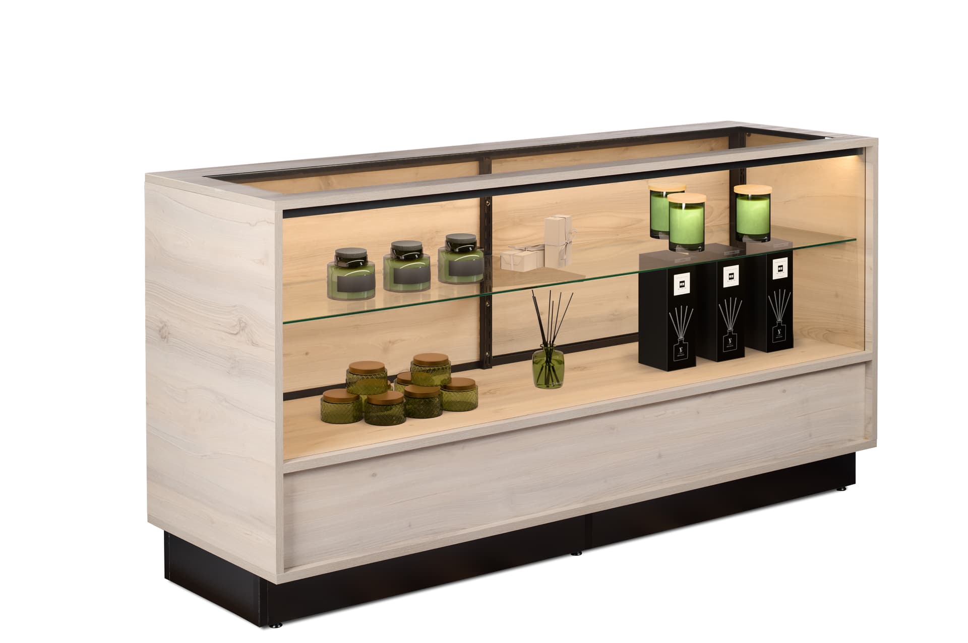Wooden display showcase in coastal grey finish