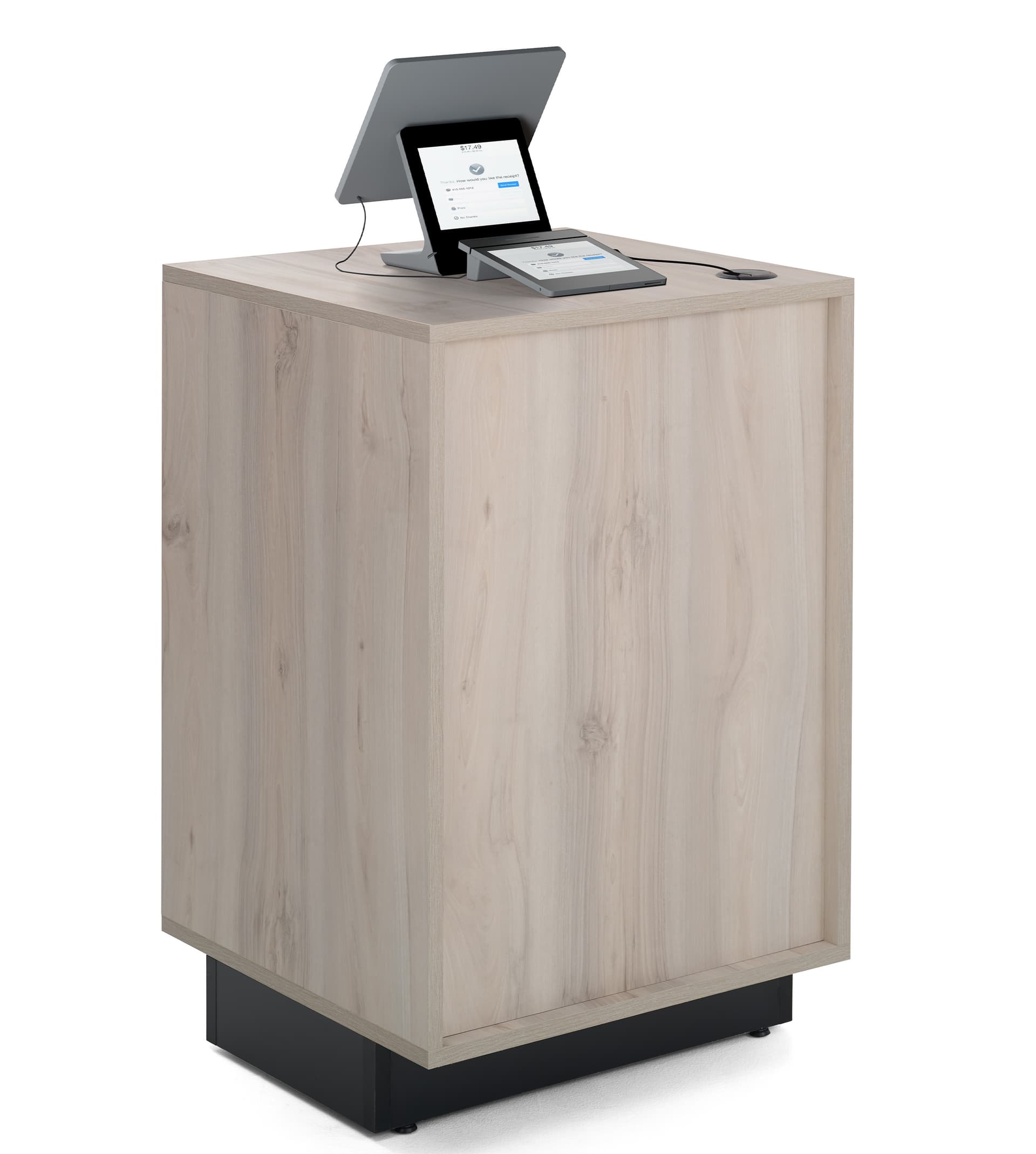 Wood host stand with coastal grey finish