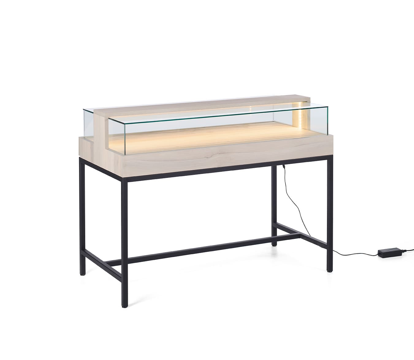 Dispensary display case with coastal grey finish