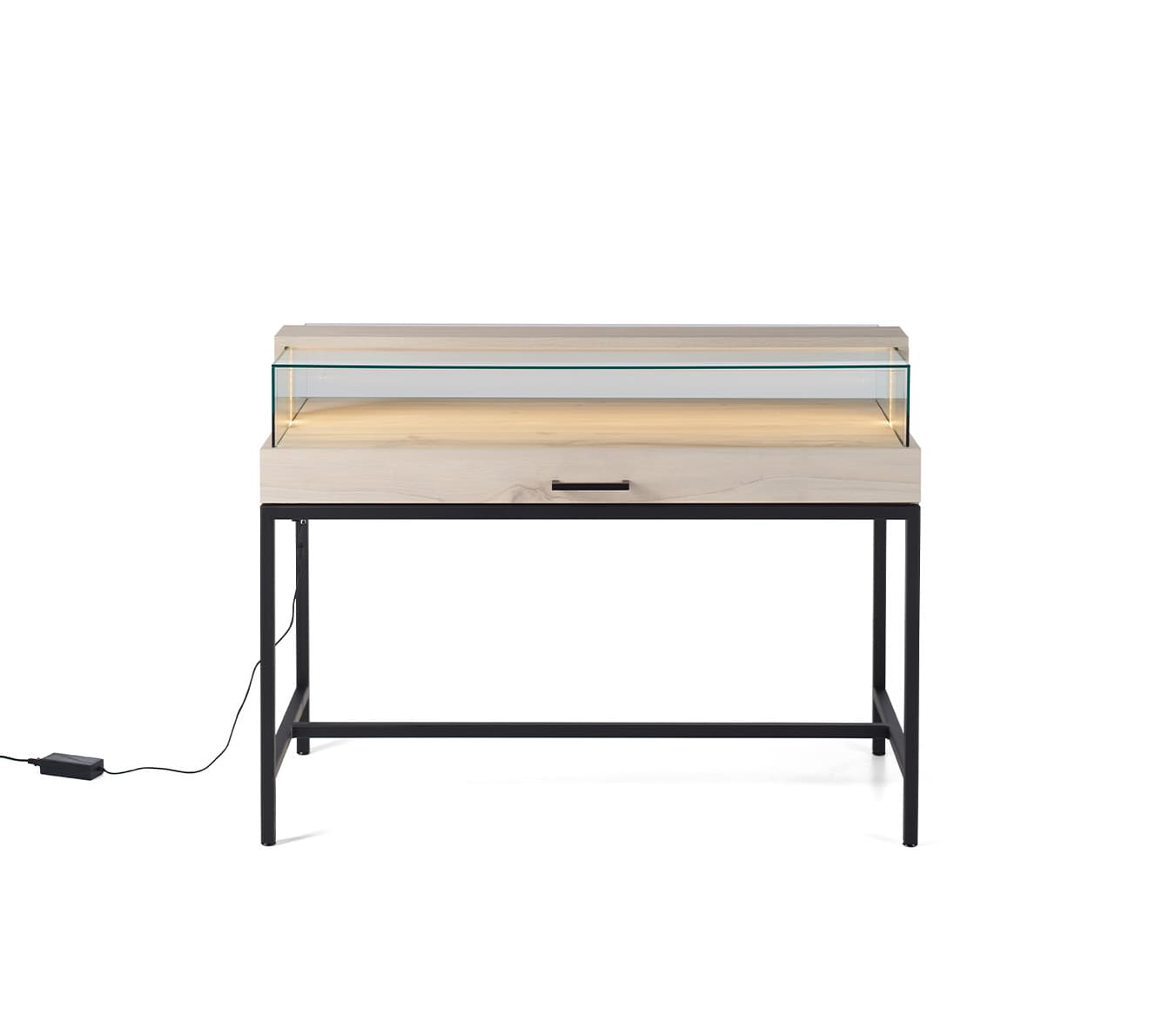 Dispensary display case with black drawer handle