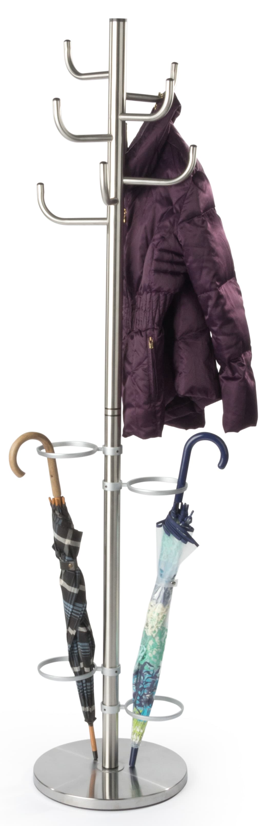 Brushed Silver Metal Coat Rack with Umbrella Stand